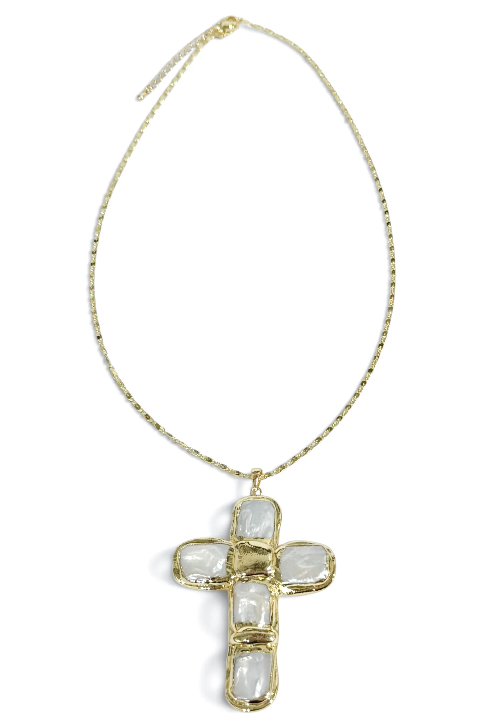 Everly Gold and Cream Baroque Pearl Cross Necklace
