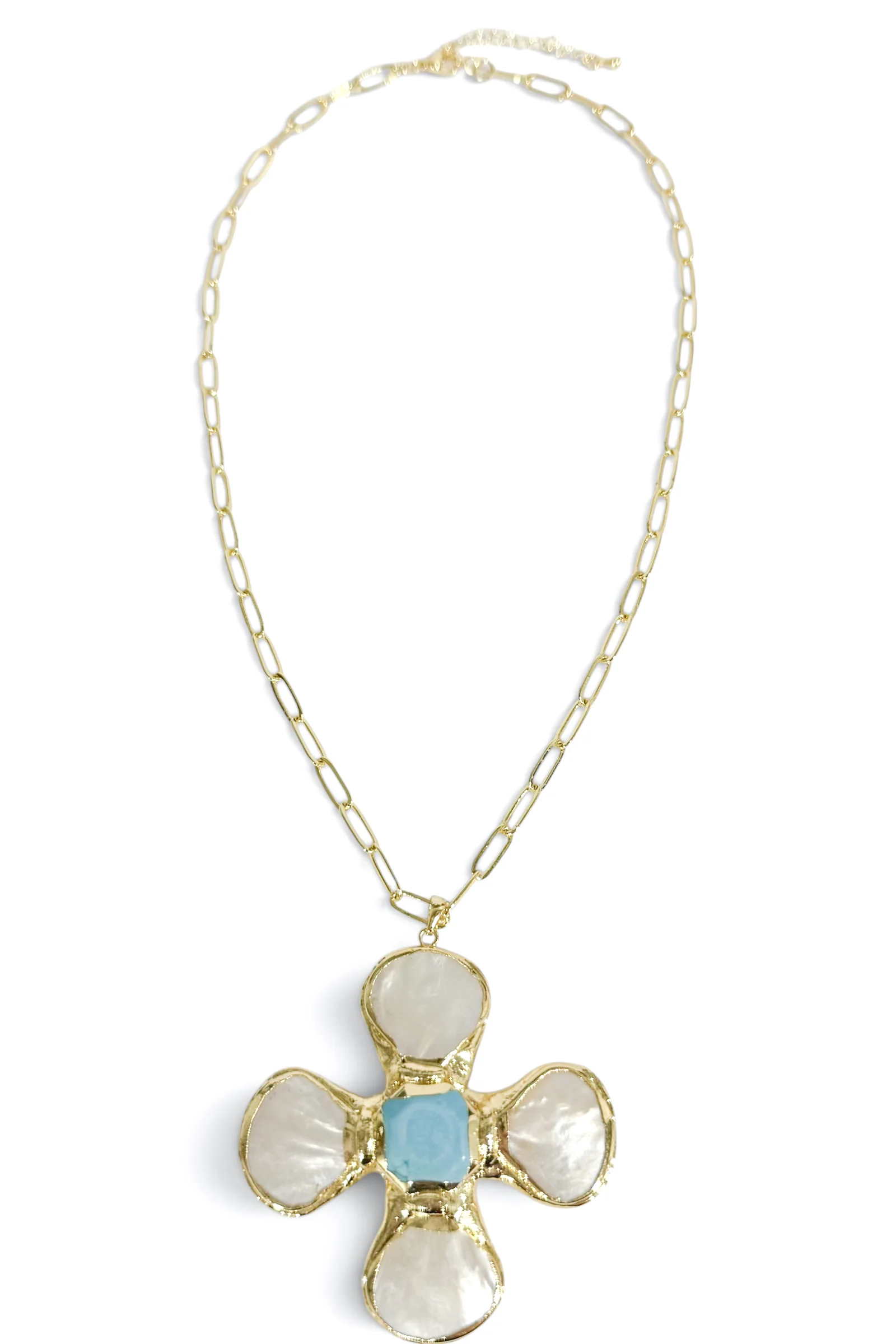 Liana Gold and Turquoise Baroque Pearl Cross Pendant Necklace