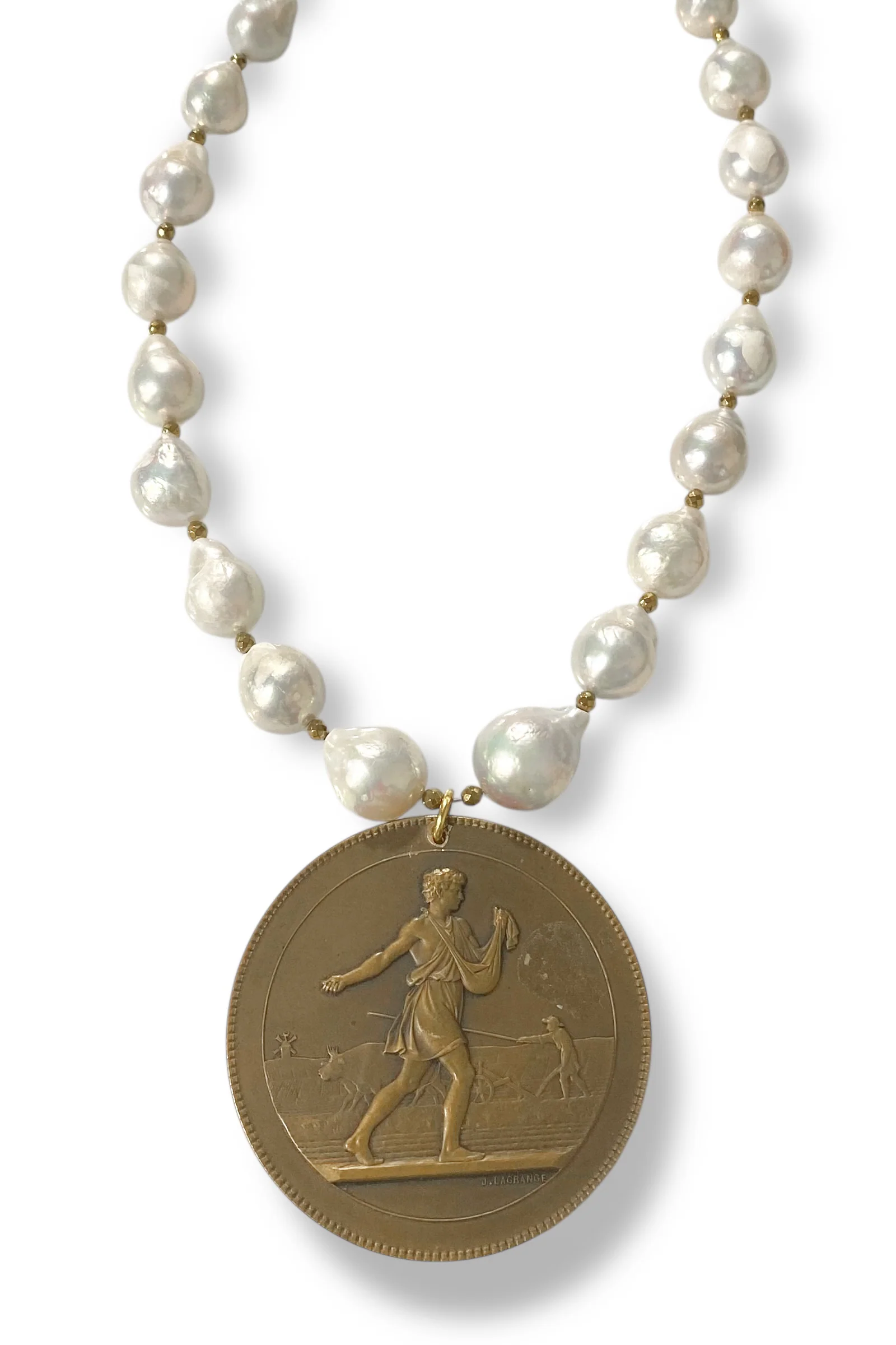 Made In The Deep South 1950s French Medal Baroque Pearl Necklace