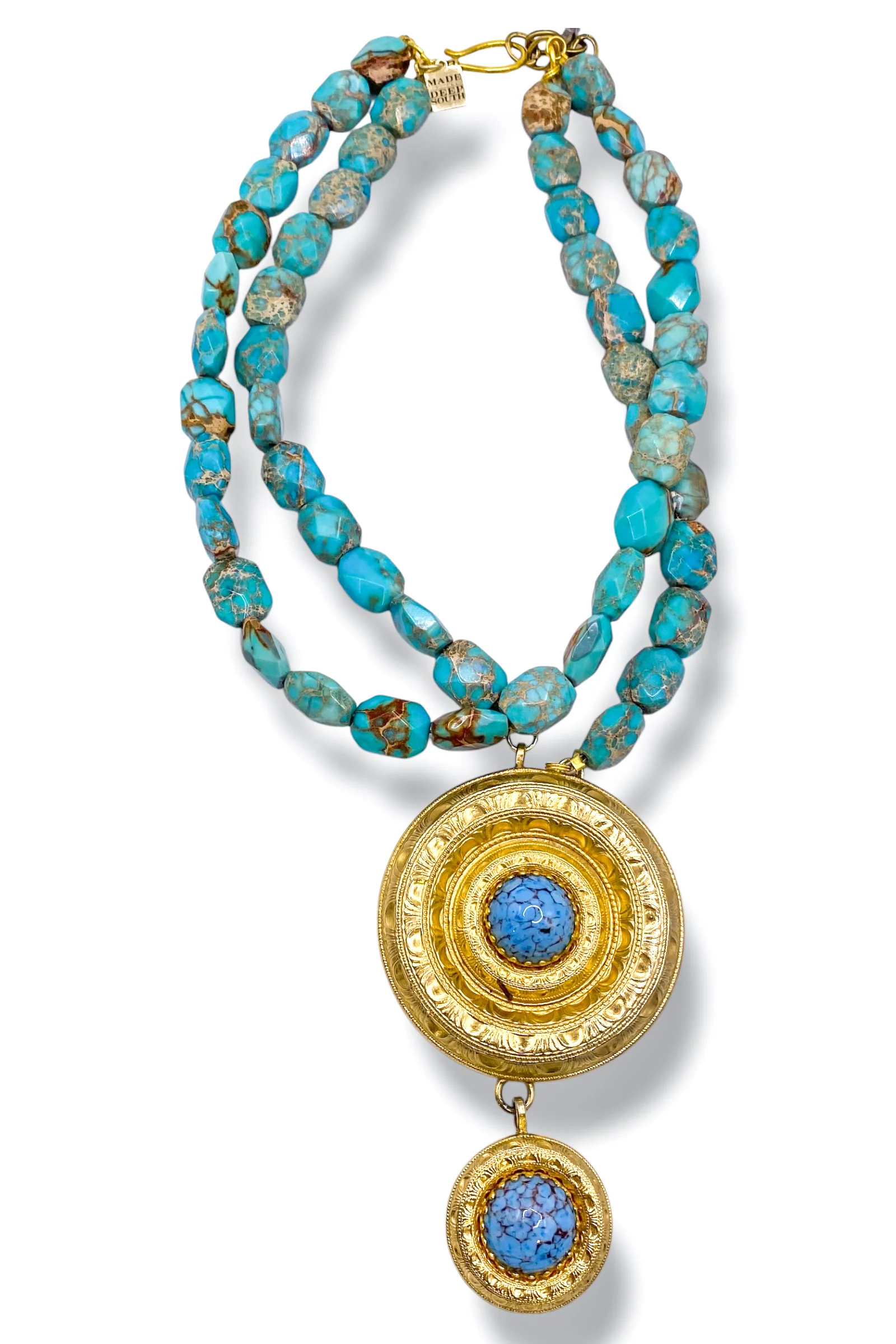 Made in the Deep South 1950s Pendant Blue Green Sea Sediment Jasper Necklace