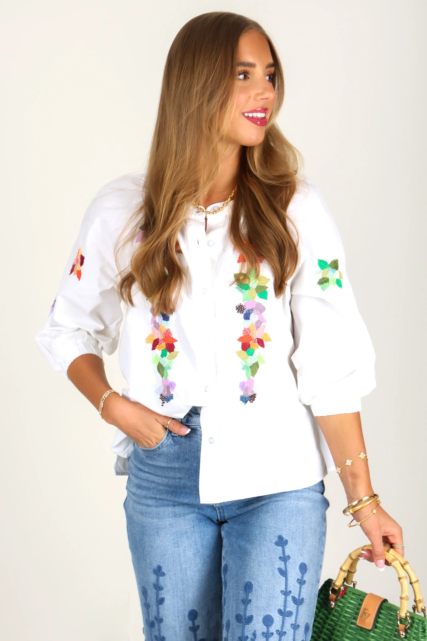 Tribal White Embroidered 3/4 Sleeve Blouse - Image 4
