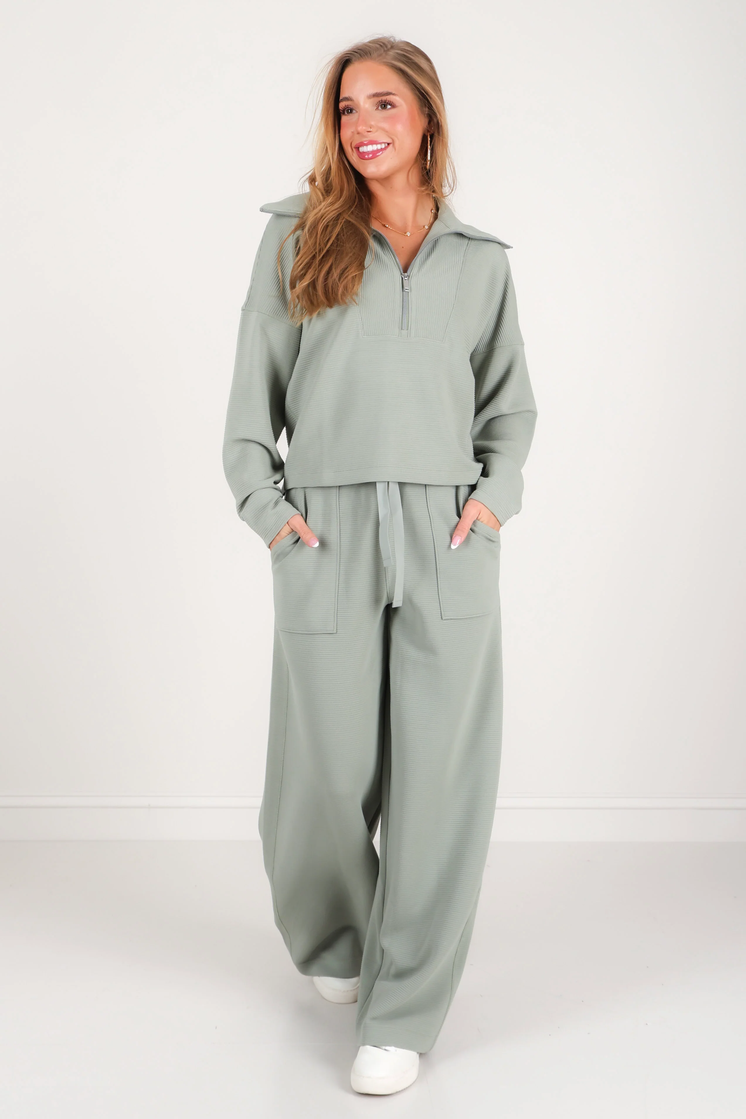 Spanx Airessentials French Rib Sage Brush Half Zip Long Sleeve Pullover - Image 3