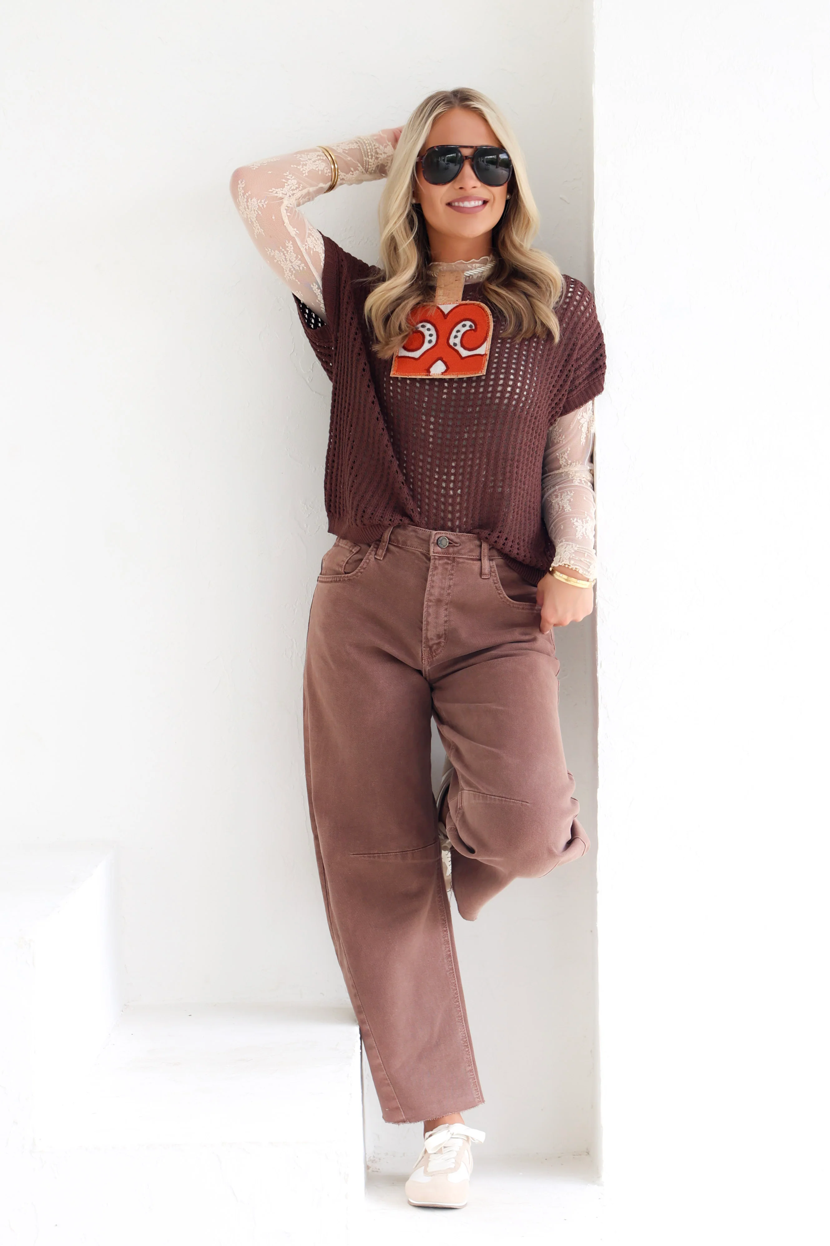 All American Brown Crochet Sleeveless Sweater - Image 2
