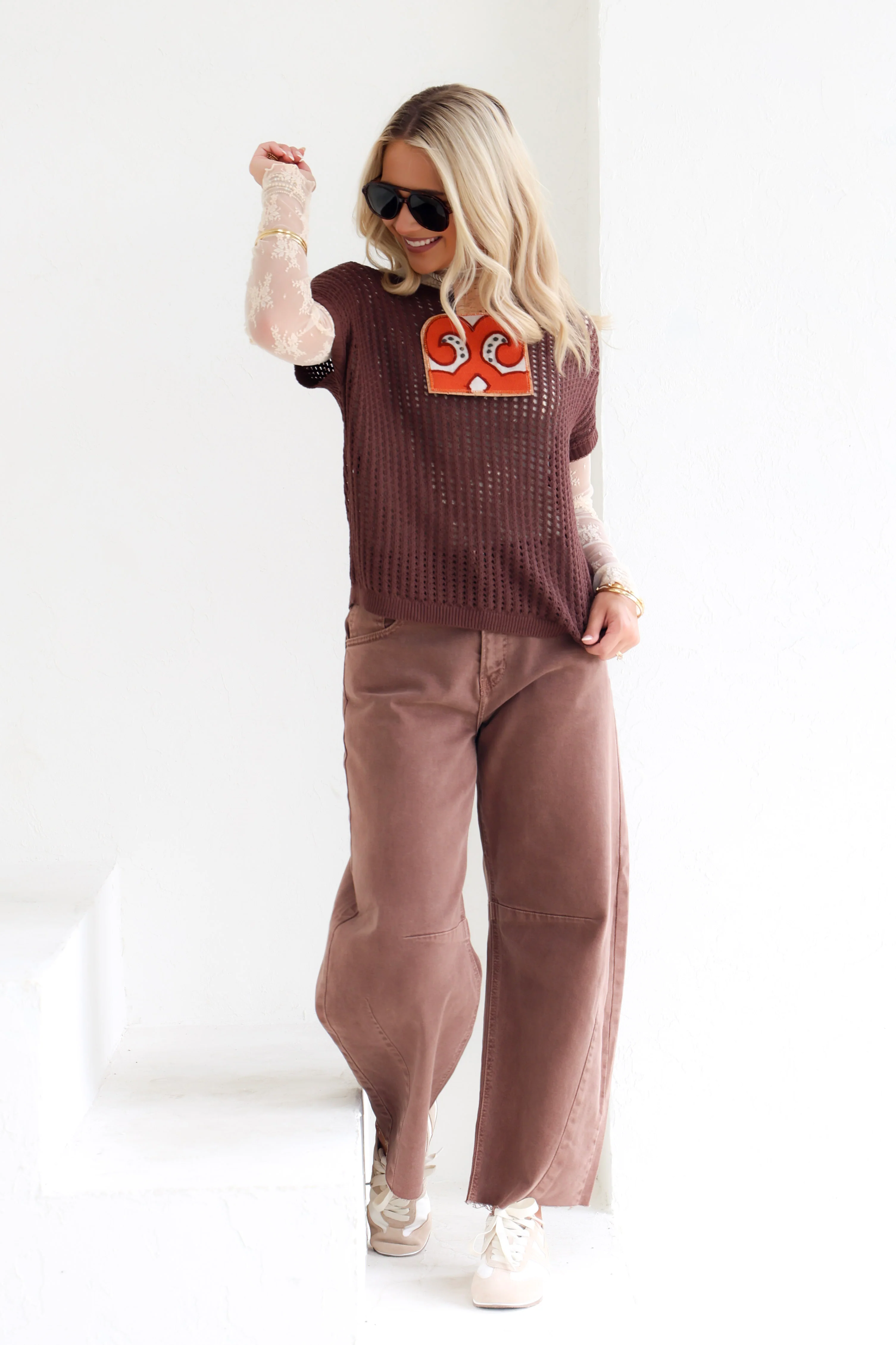 All American Brown Crochet Sleeveless Sweater - Image 3