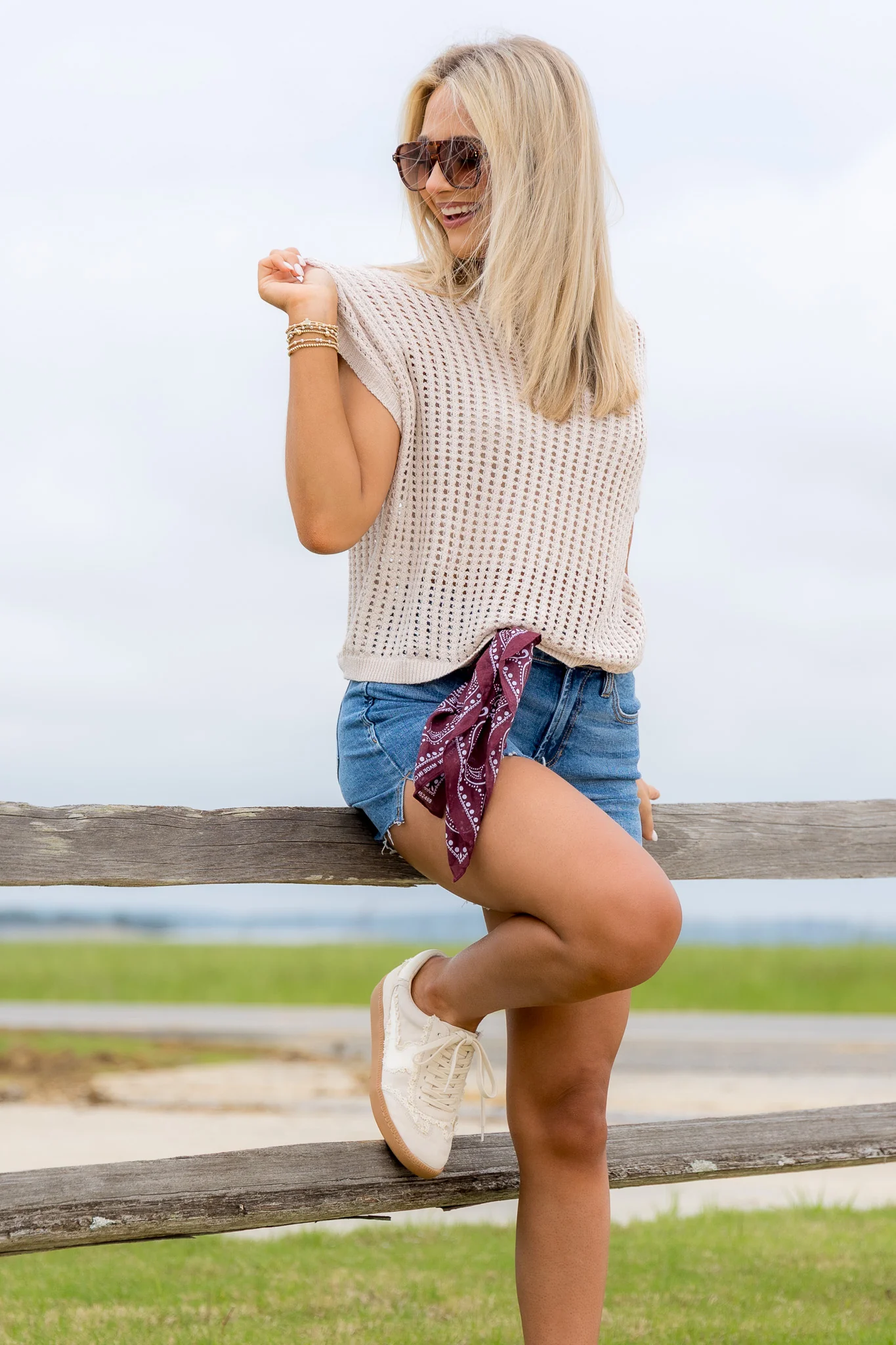 All American Beige Crochet Sleeveless Sweater *Final Sale* - Image 4