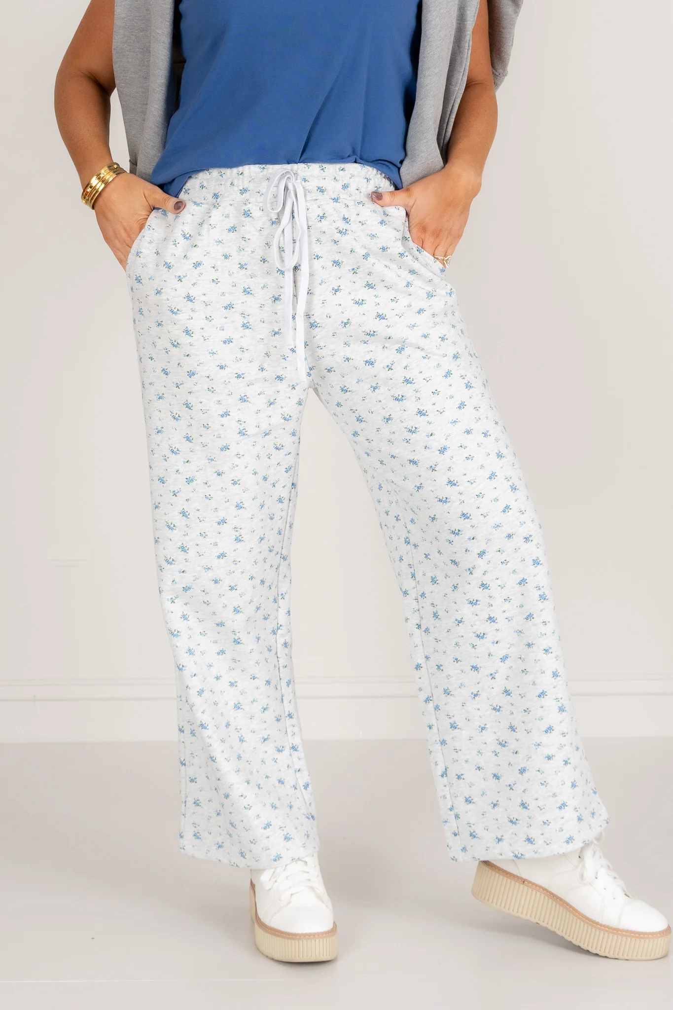 Emma Floral Print Ash Grey Wide Leg Pant