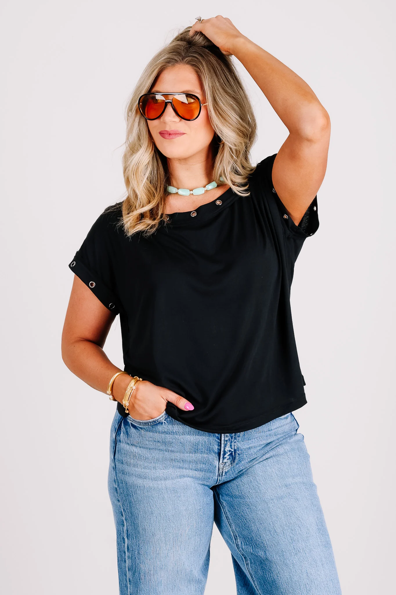 Auralis Metal Trim Black Eyelet Short Sleeve Top