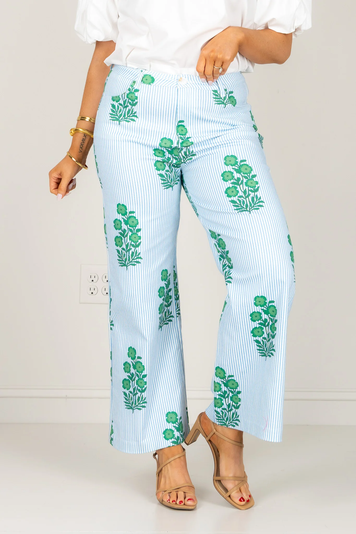 Azealia Green Striped and Floral Print Wide Leg Pant