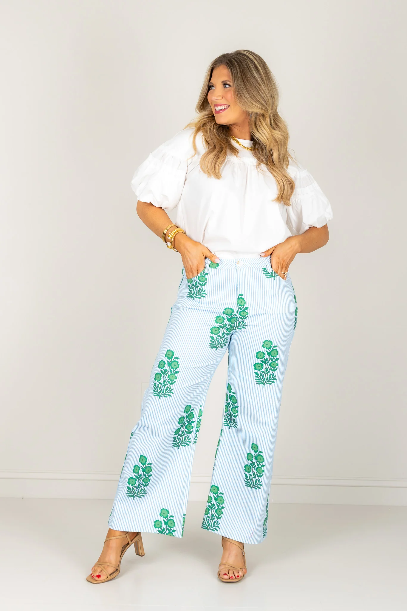 Azealia Green Striped and Floral Print Wide Leg Pant - Image 2