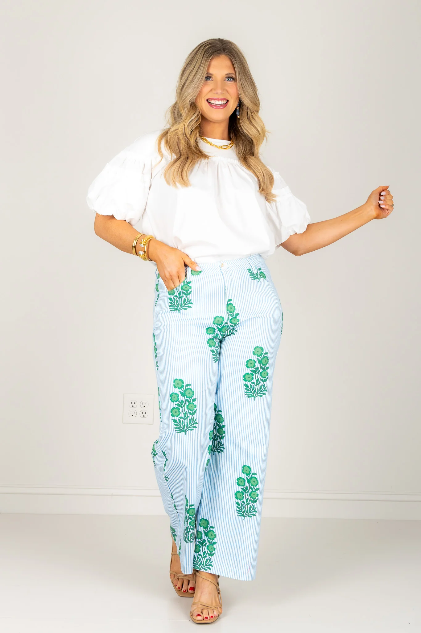 Azealia Green Striped and Floral Print Wide Leg Pant - Image 4