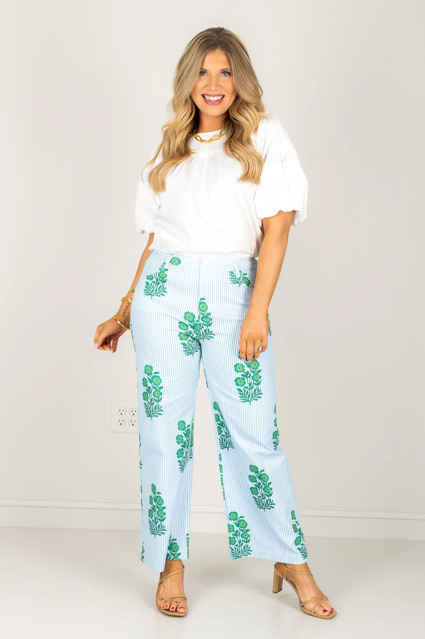 Azealia Green Striped and Floral Print Wide Leg Pant - Image 5