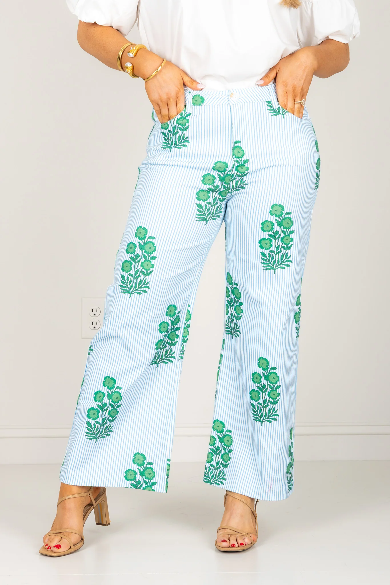 Azealia Green Striped and Floral Print Wide Leg Pant - Image 6