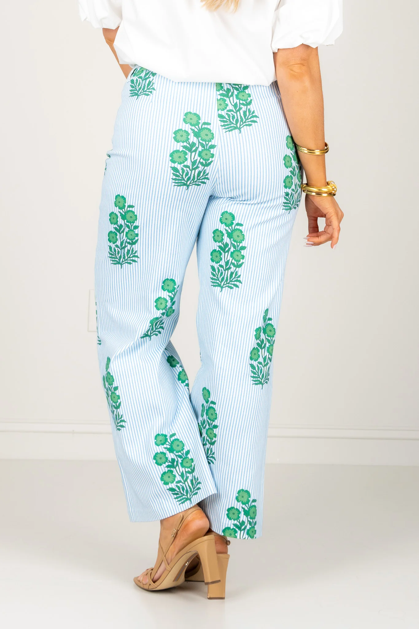 Azealia Green Striped and Floral Print Wide Leg Pant - Image 7