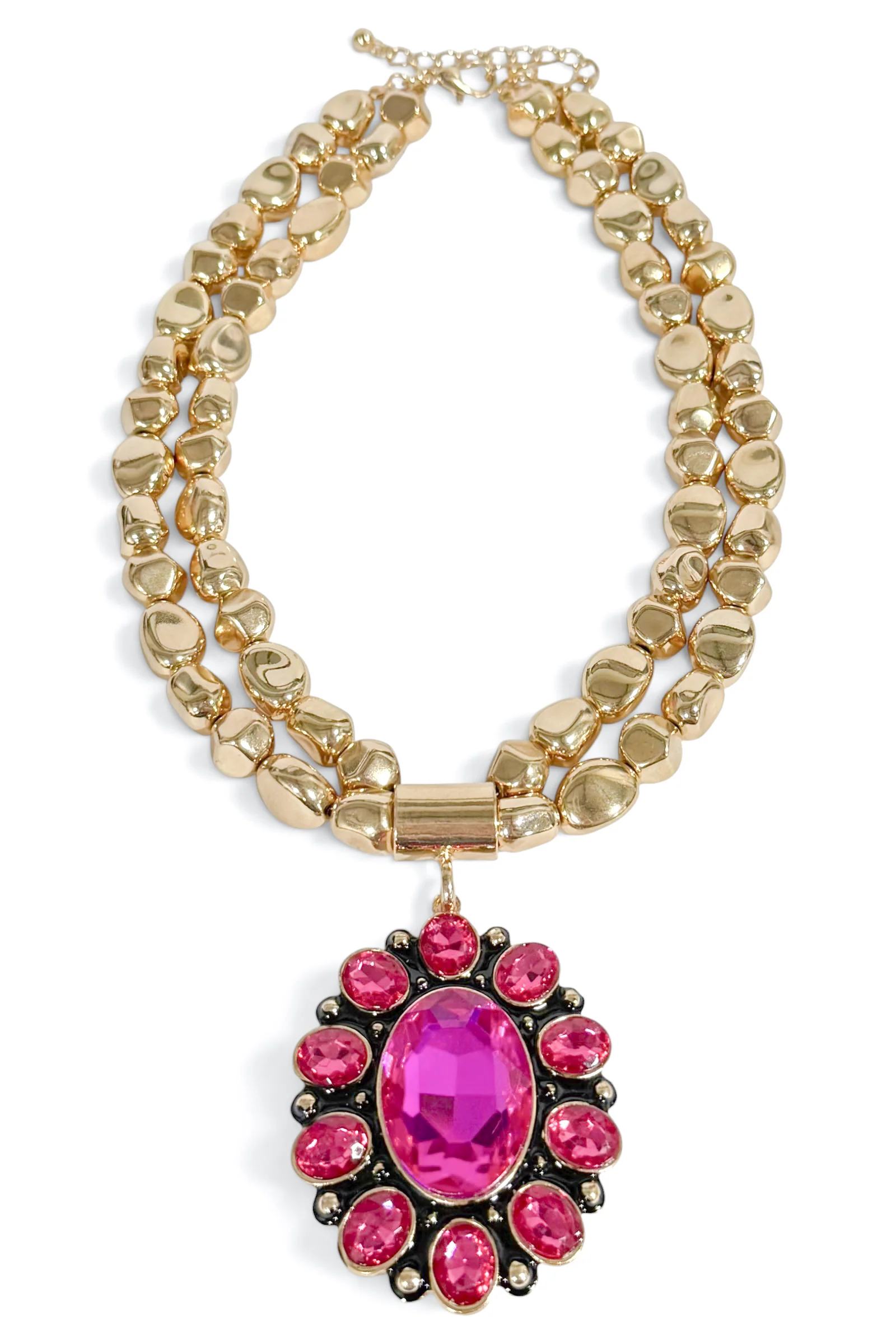 Back In The Moment Fuchsia Oval Stone Pendant Layered Necklace
