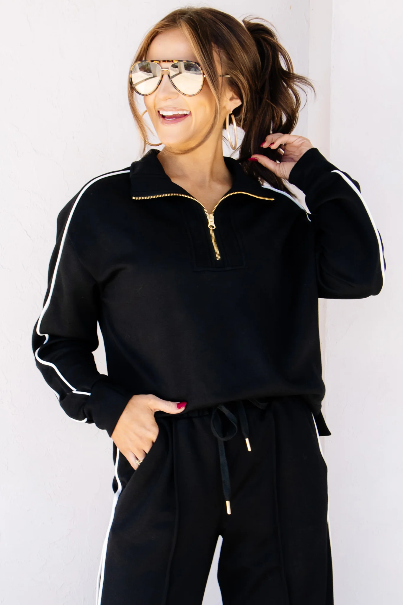 TWT Lux Collection Black Piping Half Zip Long Sleeve Top