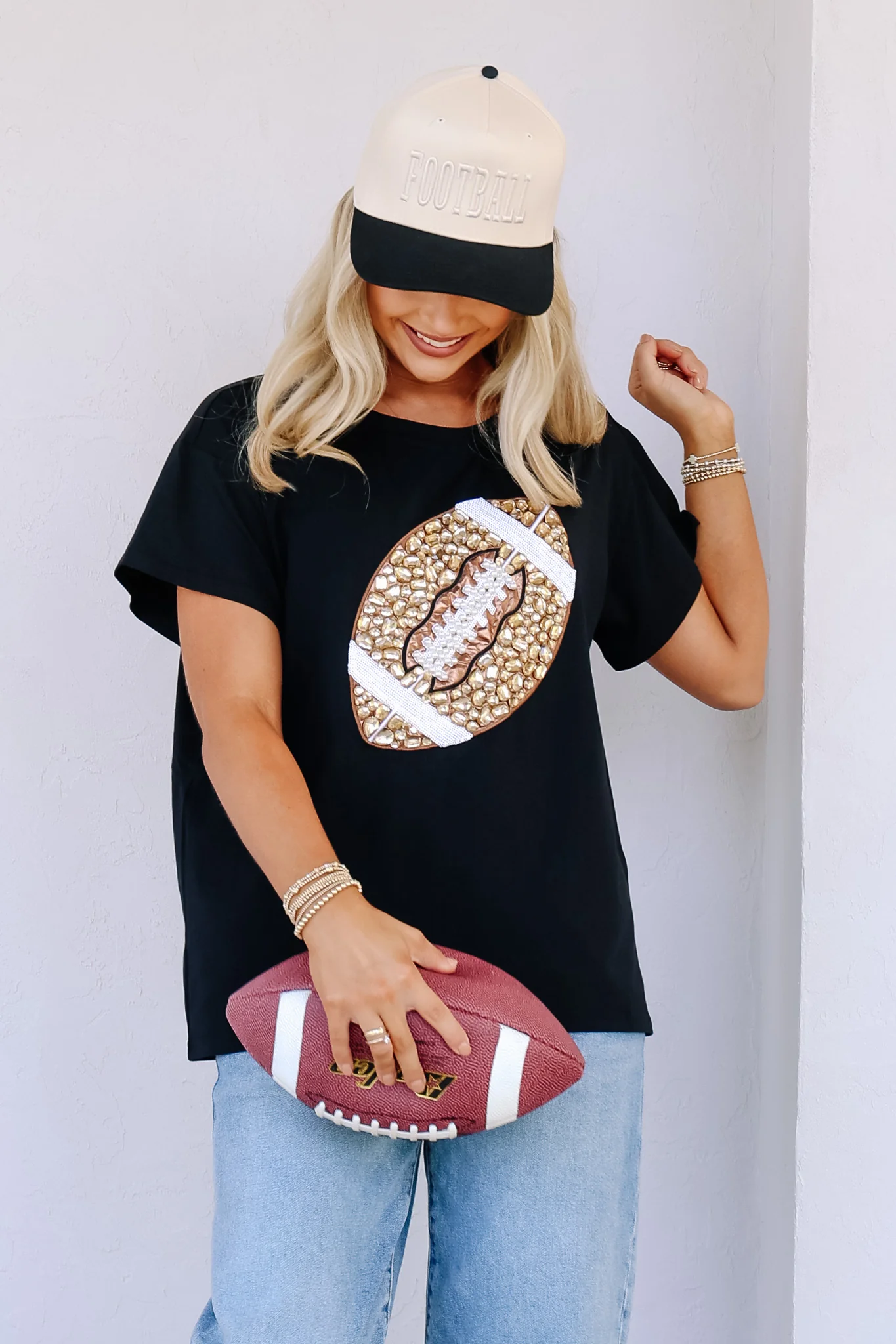 Queen Of Sparkles Black Jeweled Football Tee