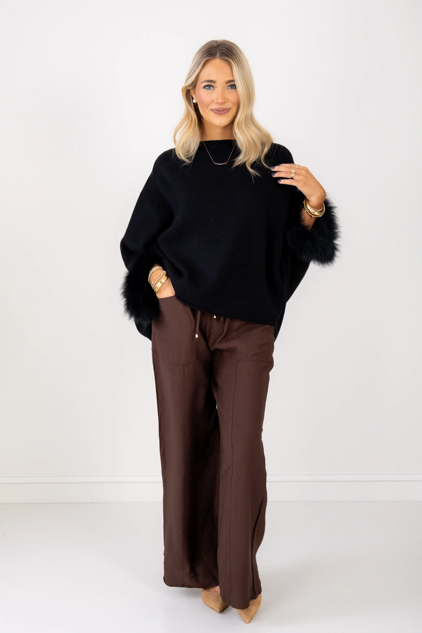 Selena Black Fox Fur Sleeved Poncho - Image 5