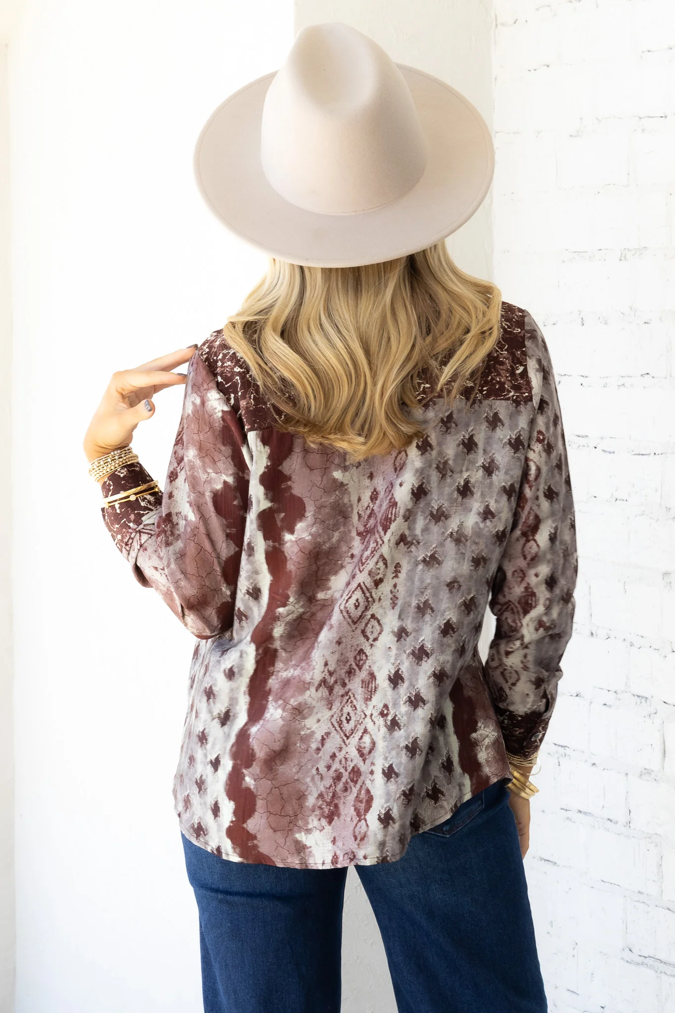My Own Way Burgundy Abstract Print Long Sleeve Button Dow Blouse - Image 5