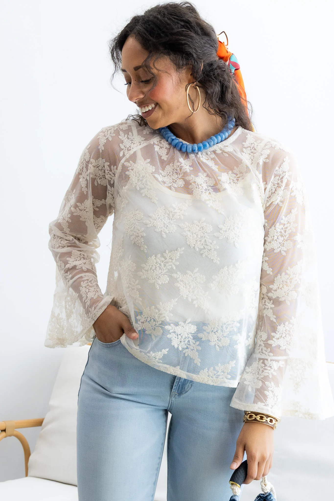 Sanctuary Boho Vintage Ivory Lace Long Sleeve Blouse - Image 3