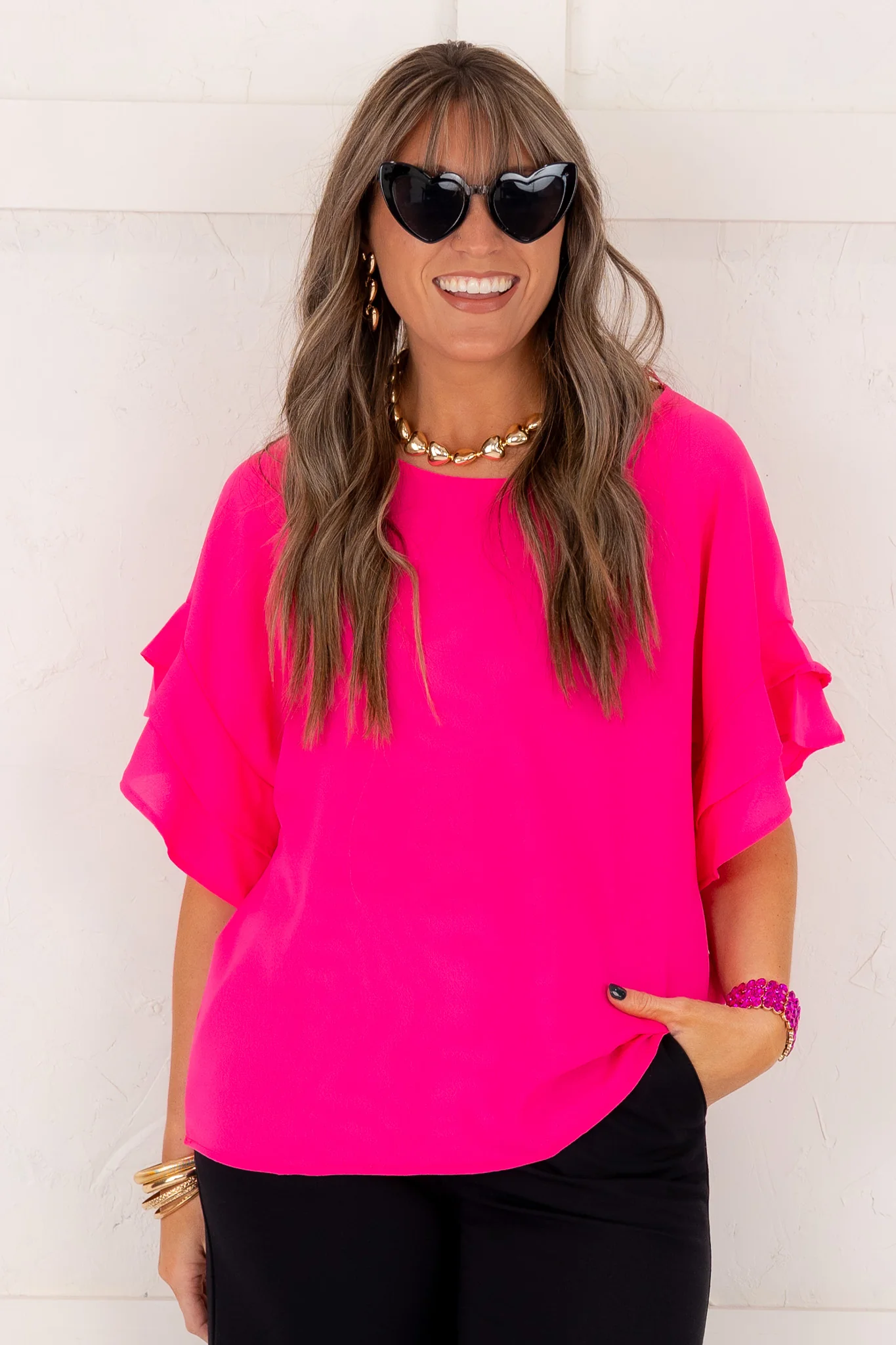 Keep It Classy Ruffle Sleeve Blouse - Hot Pink