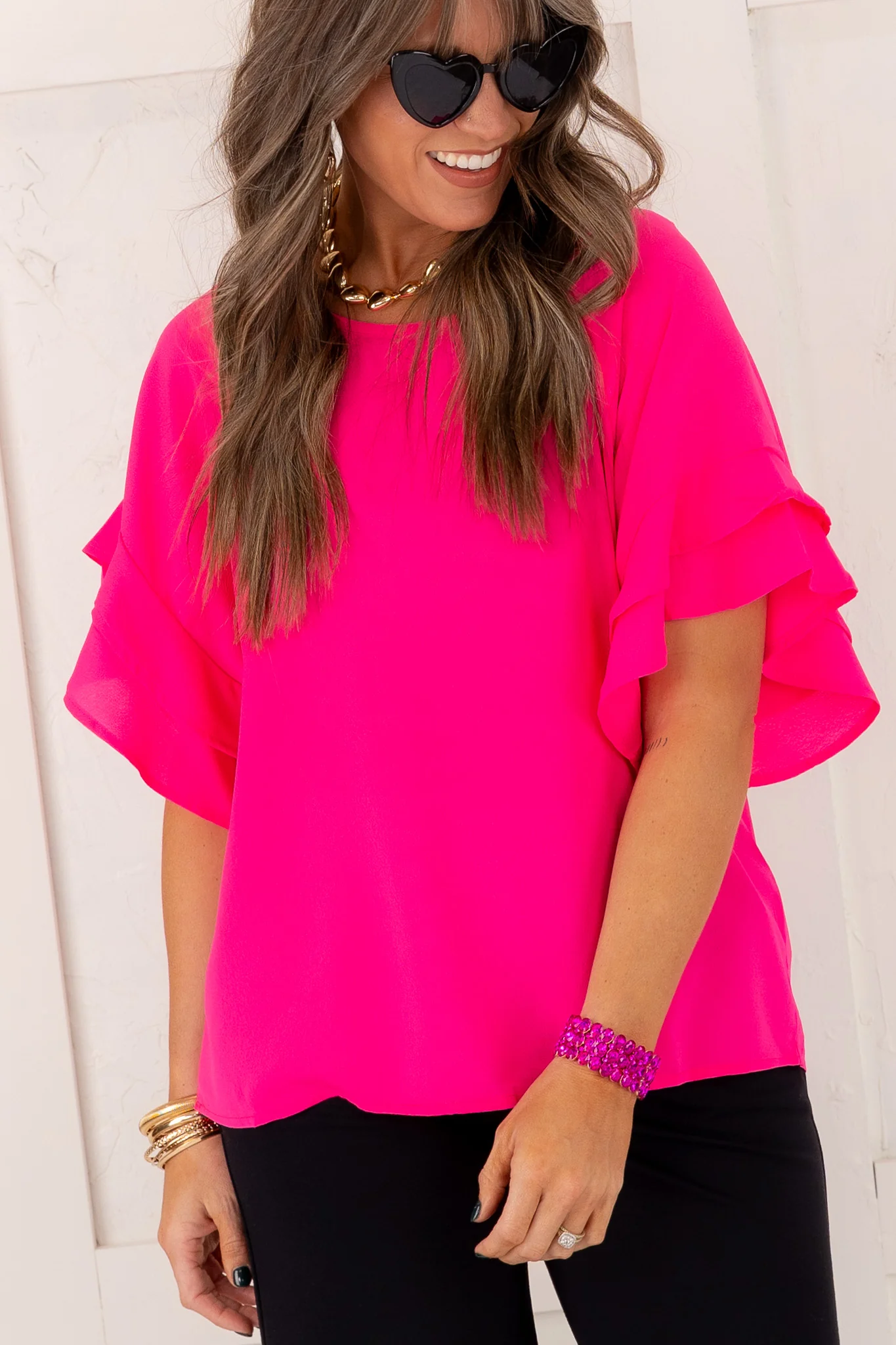 Keep It Classy Ruffle Sleeve Blouse - Hot Pink - Image 2