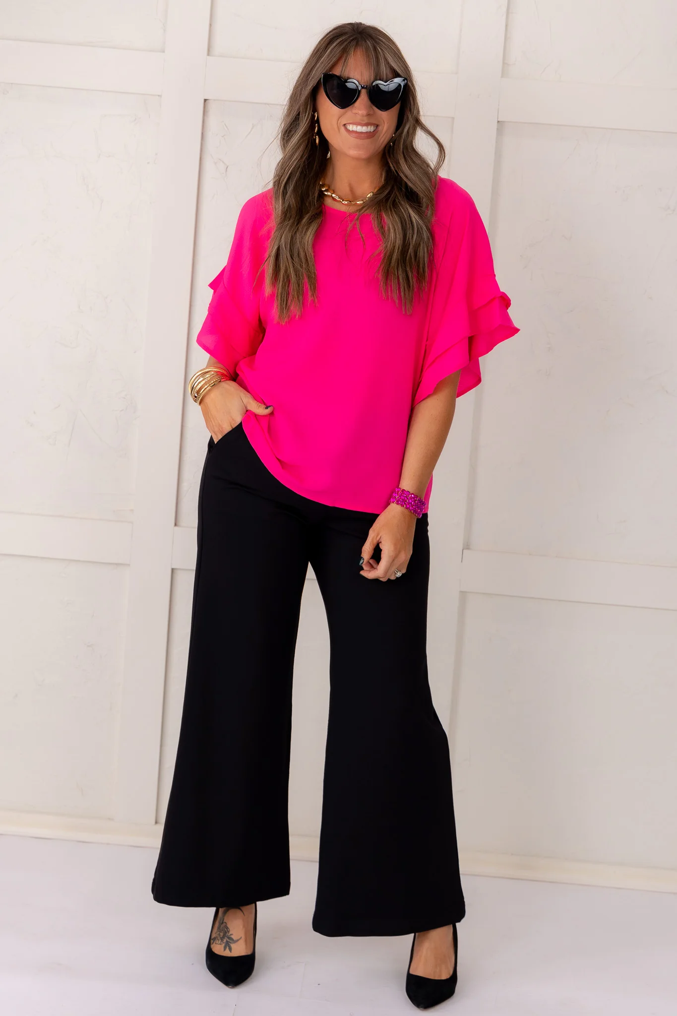 Keep It Classy Ruffle Sleeve Blouse - Hot Pink - Image 3