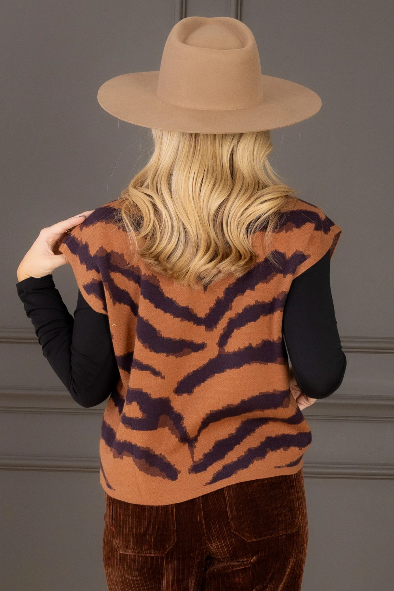 Have to Go Camel Tiger Print Sleeveless Sweater Top - Image 4