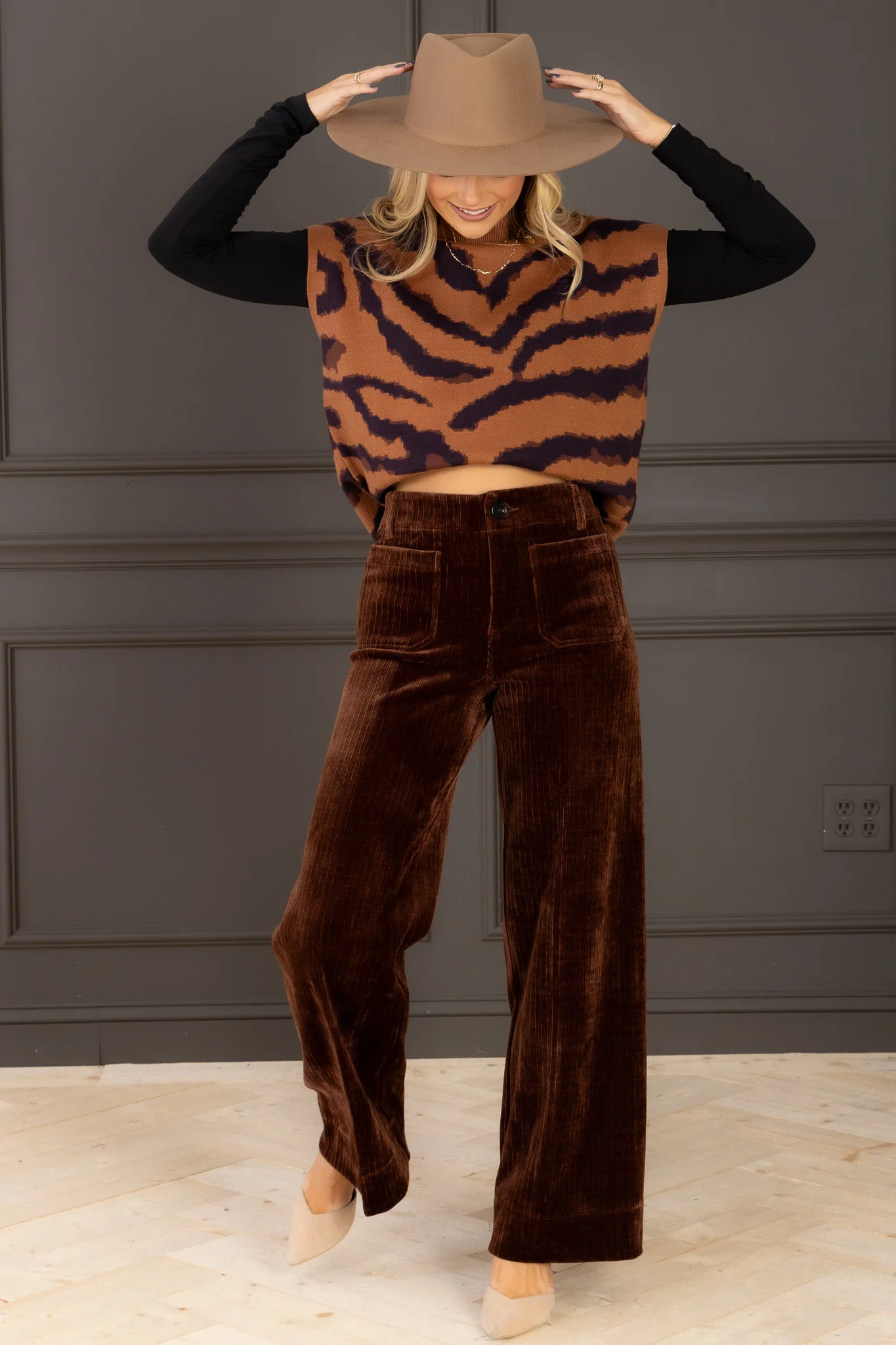 Have to Go Camel Tiger Print Sleeveless Sweater Top - Image 5