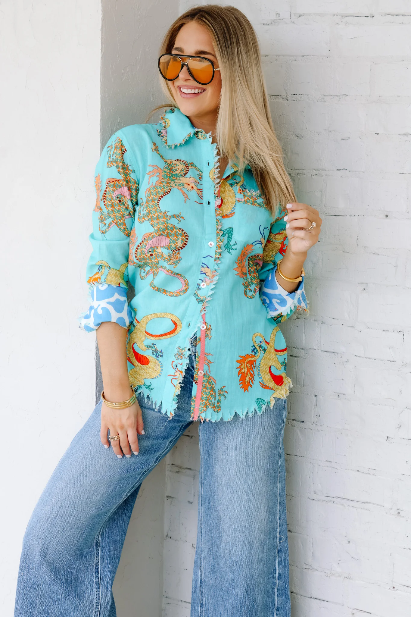 Cape Cod Linen Turquoise Dragon Printed Long Sleeve Blouse - Image 2
