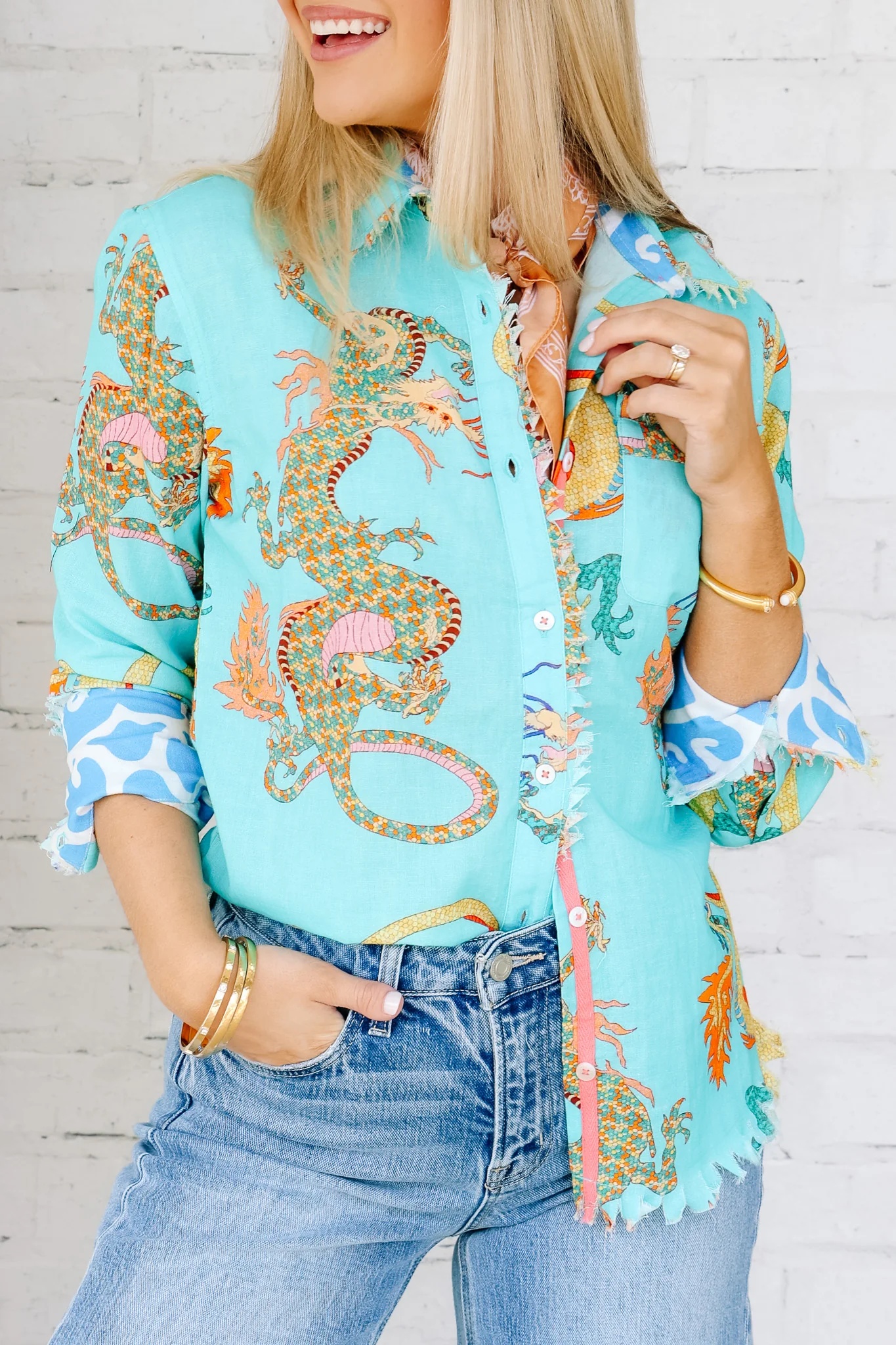 Cape Cod Linen Turquoise Dragon Printed Long Sleeve Blouse - Image 3