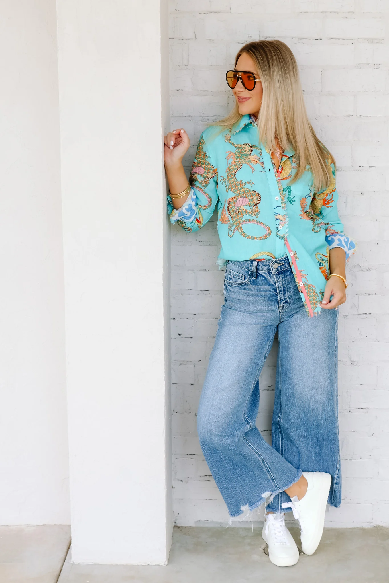 Cape Cod Linen Turquoise Dragon Printed Long Sleeve Blouse - Image 4