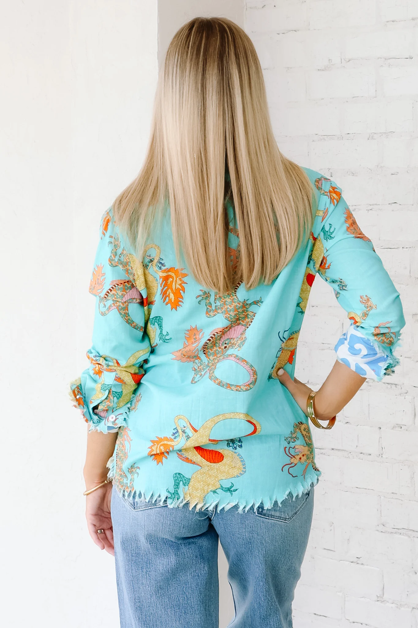 Cape Cod Linen Turquoise Dragon Printed Long Sleeve Blouse - Image 6