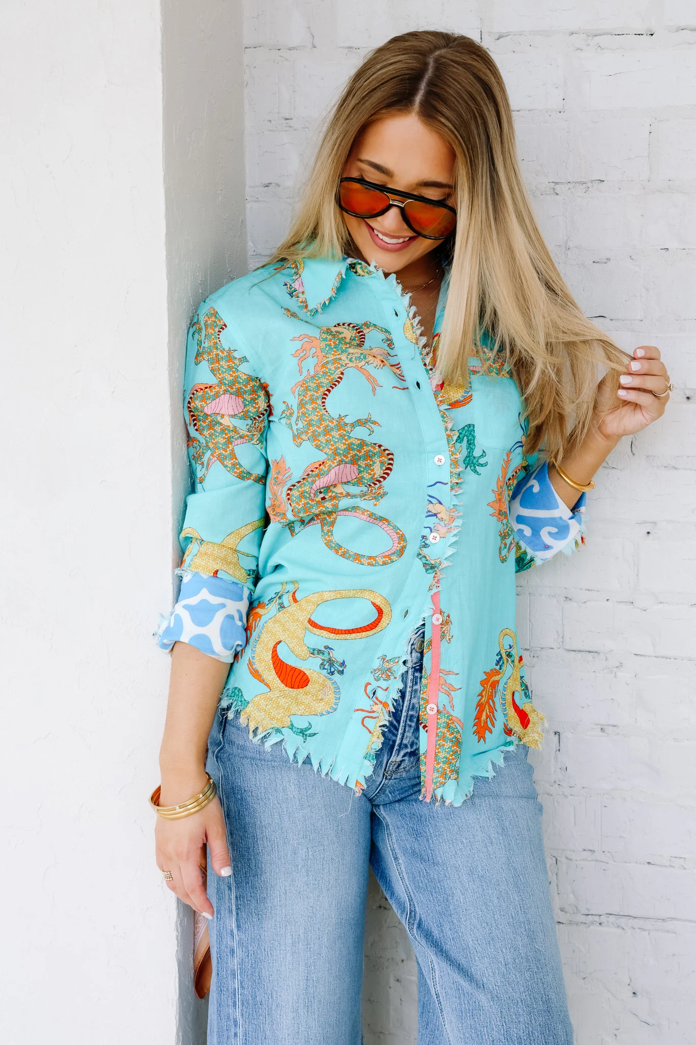 Cape Cod Linen Turquoise Dragon Printed Long Sleeve Blouse - Image 7