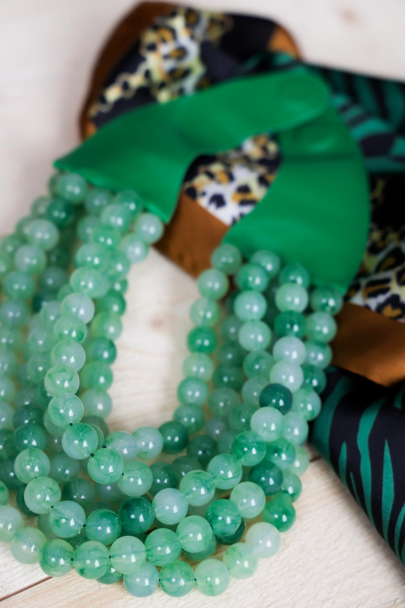 Carla 7 Strand Green Smooth Bead Statement Necklace