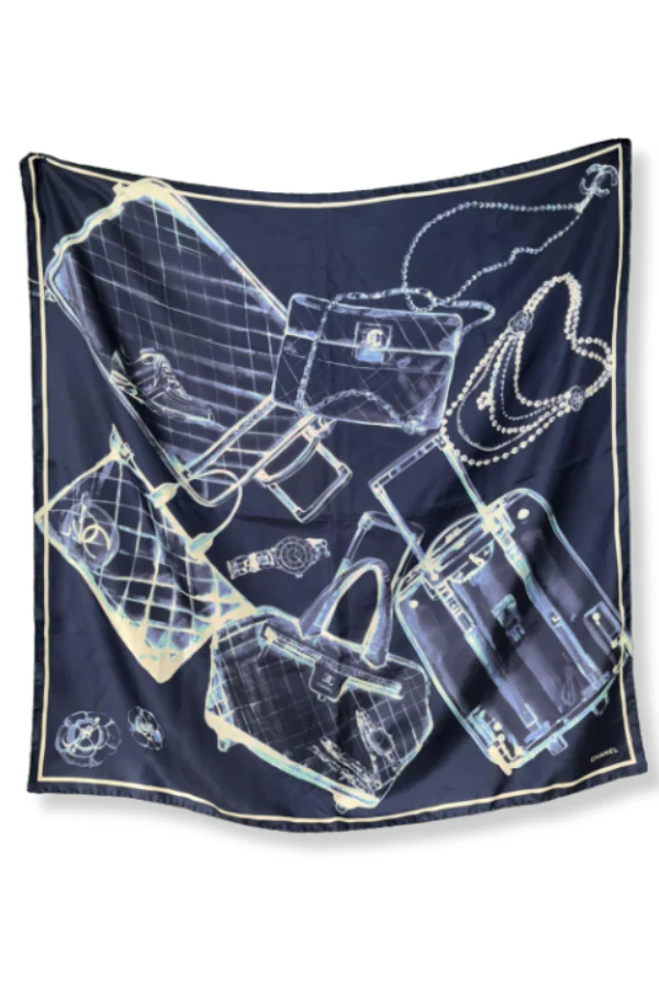 Chanel CC Travel Bags Navy Silk Scarf Full Set