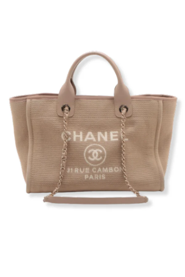 Chanel Deauville MM Canvas & Leather 2 Way Tote Bag Beige