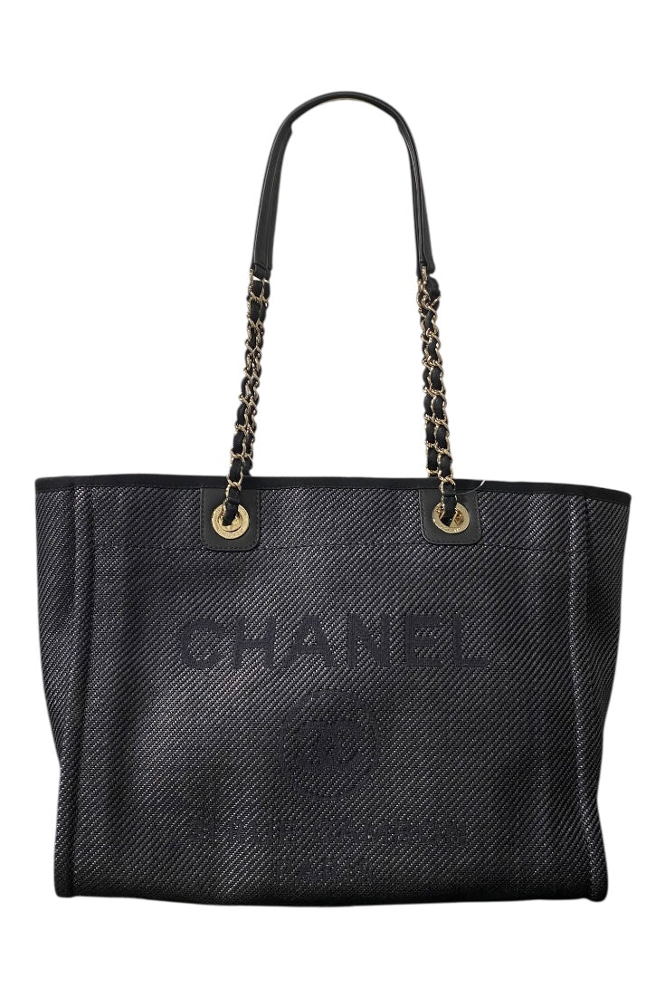 Chanel Deauville MM Straw & Leather Chain Tote Bag