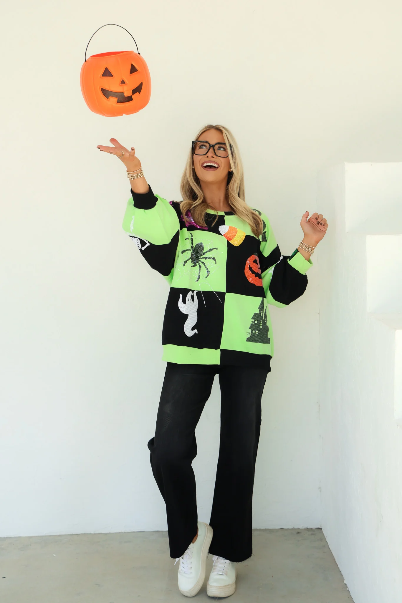 Queen of Sparkles Halloween Light Green and Black Checkered Long Sleeve Sweatshirt - Image 4