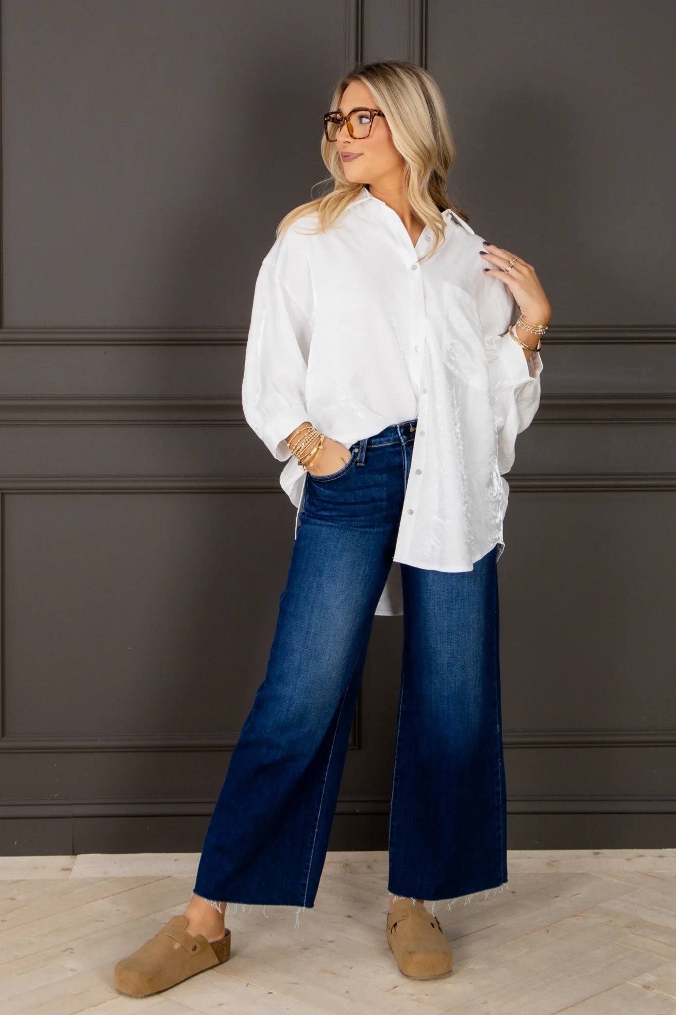 True Hope Ivory Metallic Oversized Button Down 3/4 Sleeve Top