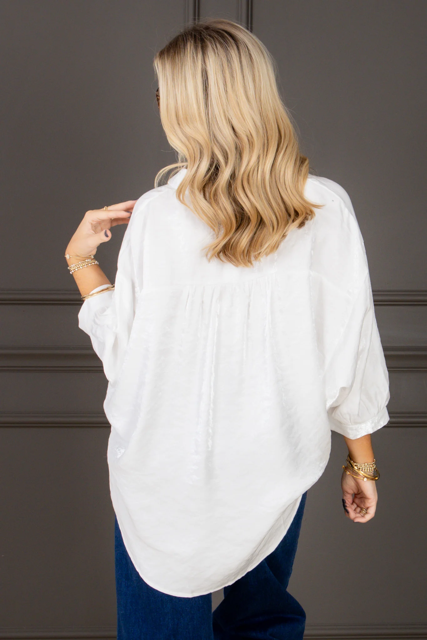 True Hope Ivory Metallic Oversized Button Down 3/4 Sleeve Top - Image 3