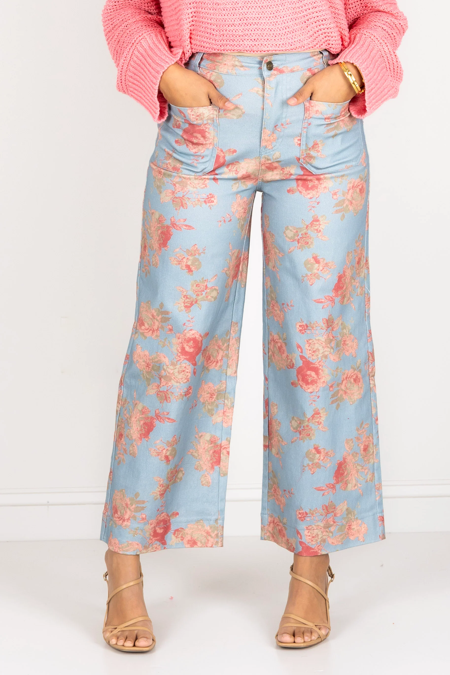Come Over Blue Floral Print Wide Leg Pant