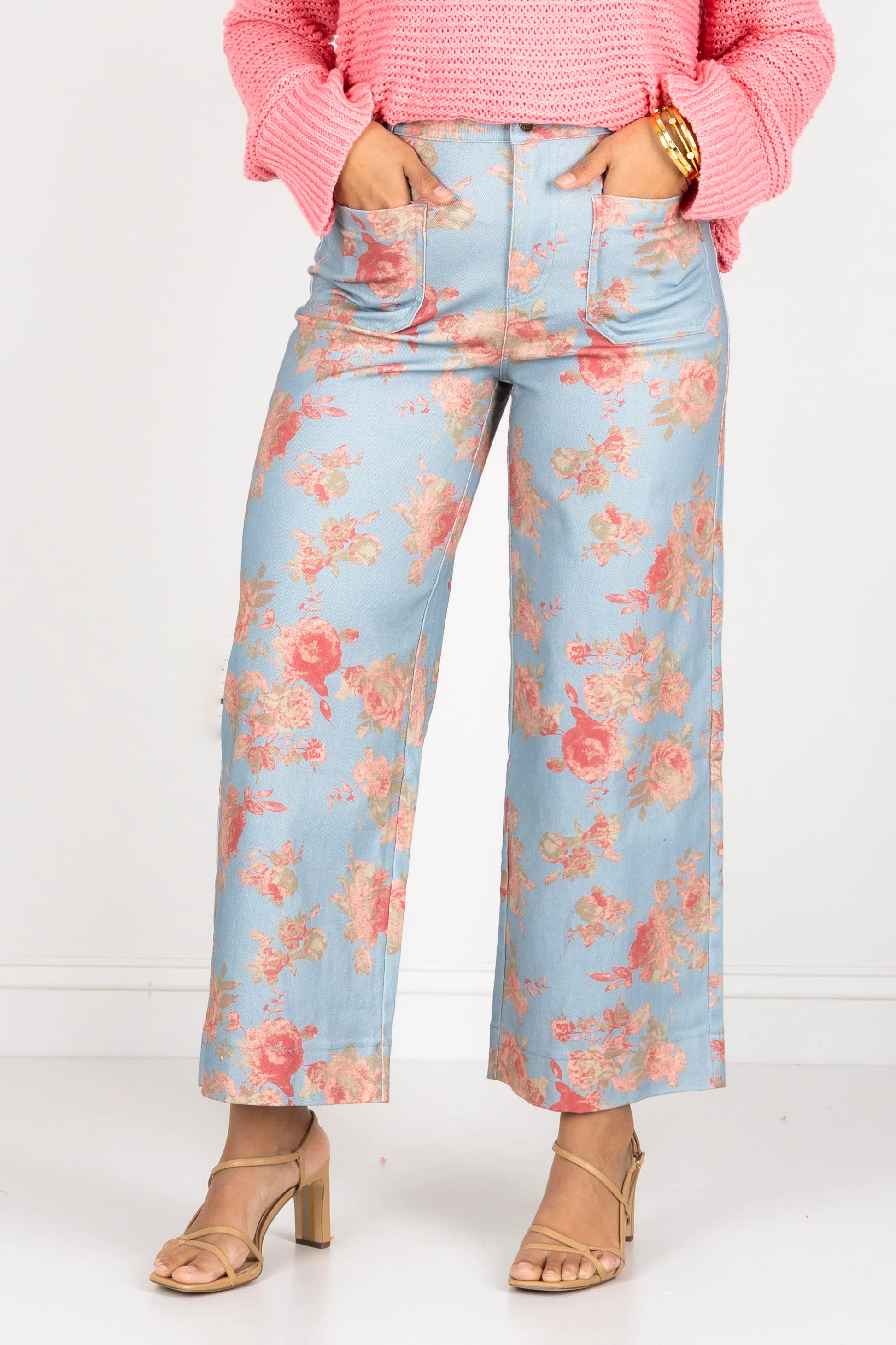 Come Over Blue Floral Print Wide Leg Pant - Image 3