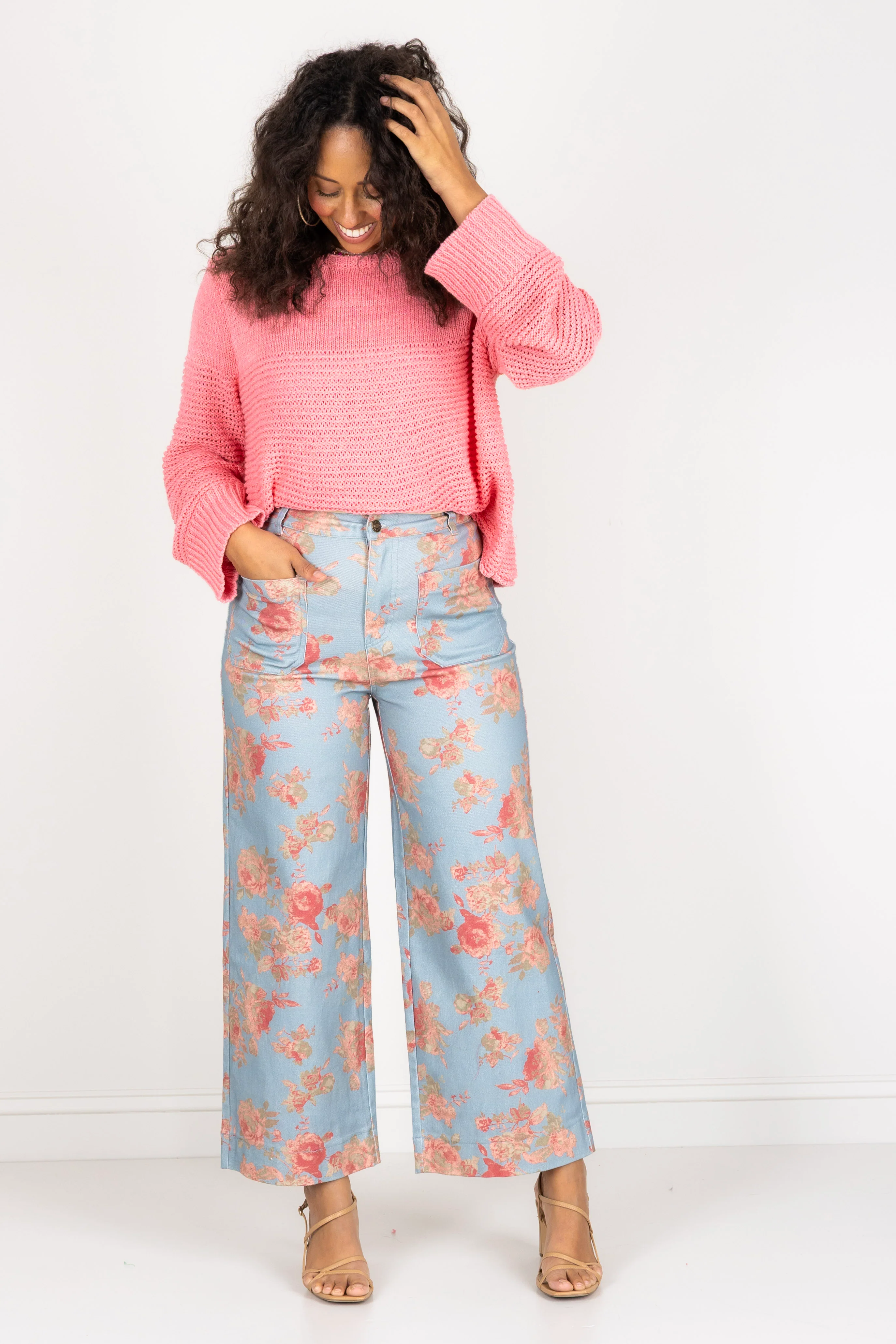 Come Over Blue Floral Print Wide Leg Pant - Image 5