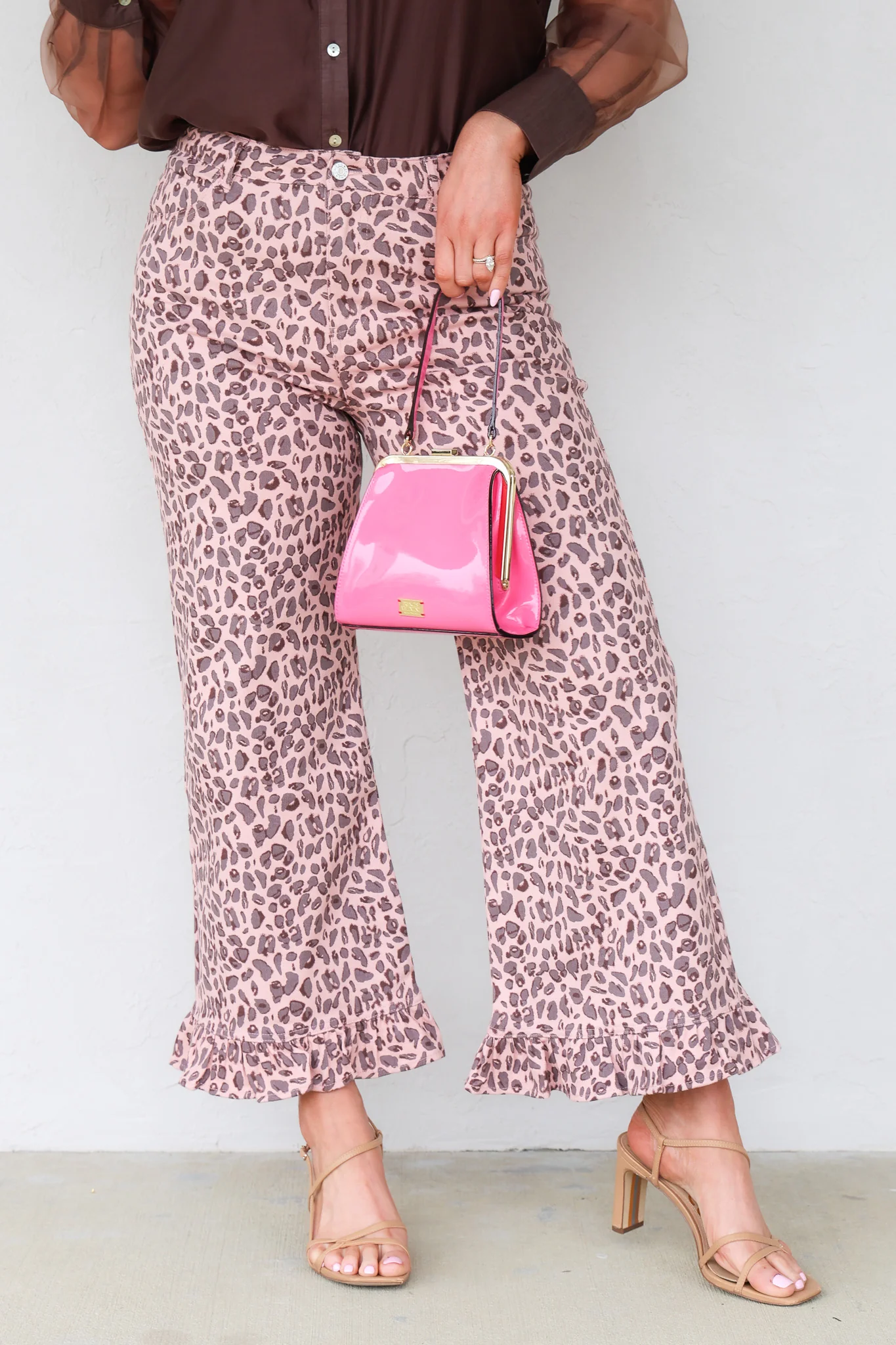 Coming Around Pink Leopard Print Ruffle Hem Wide Leg Pant