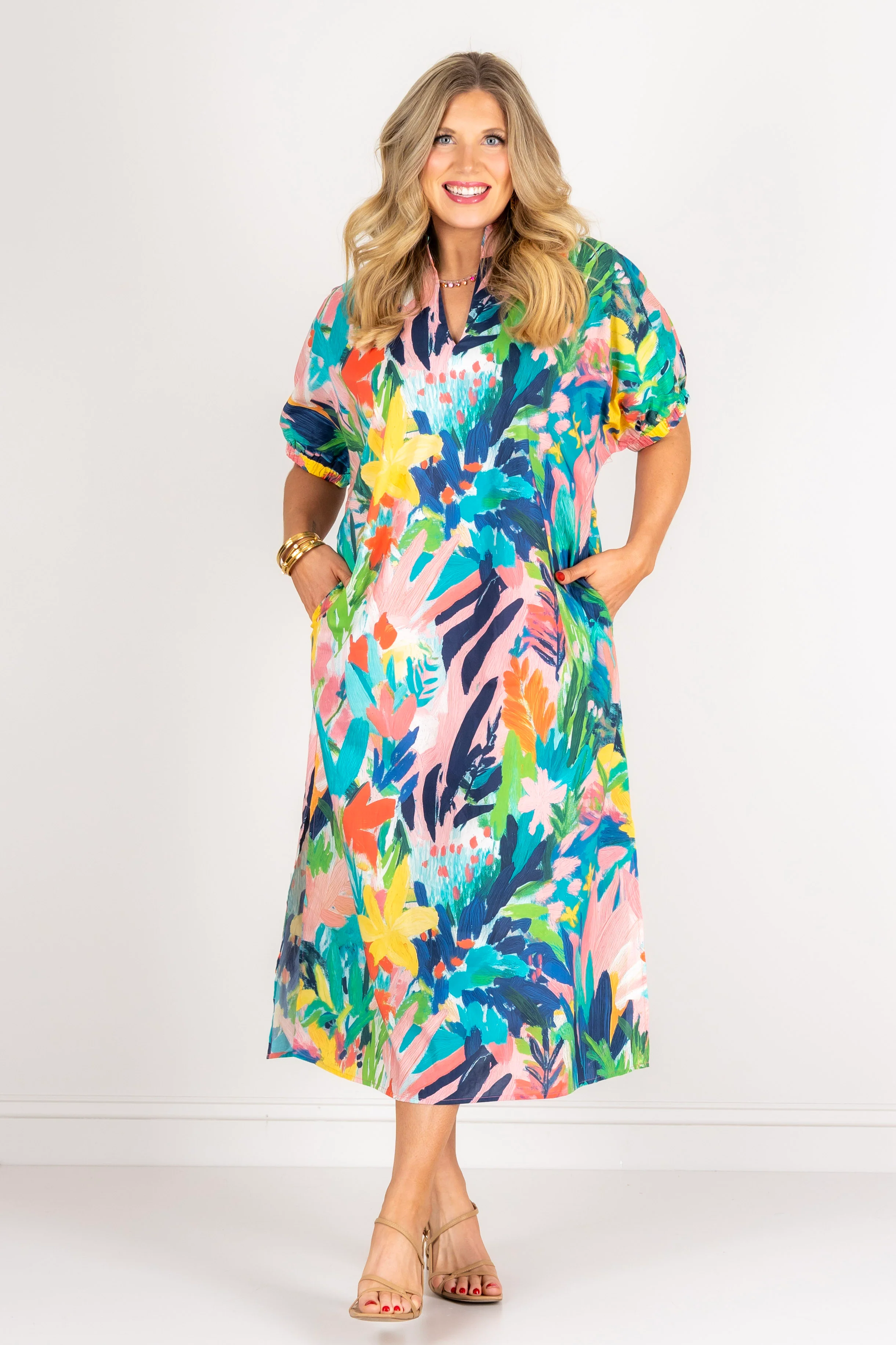 Comes in Waves Multicolor Abstract Print Short Sleeve Midi Dress