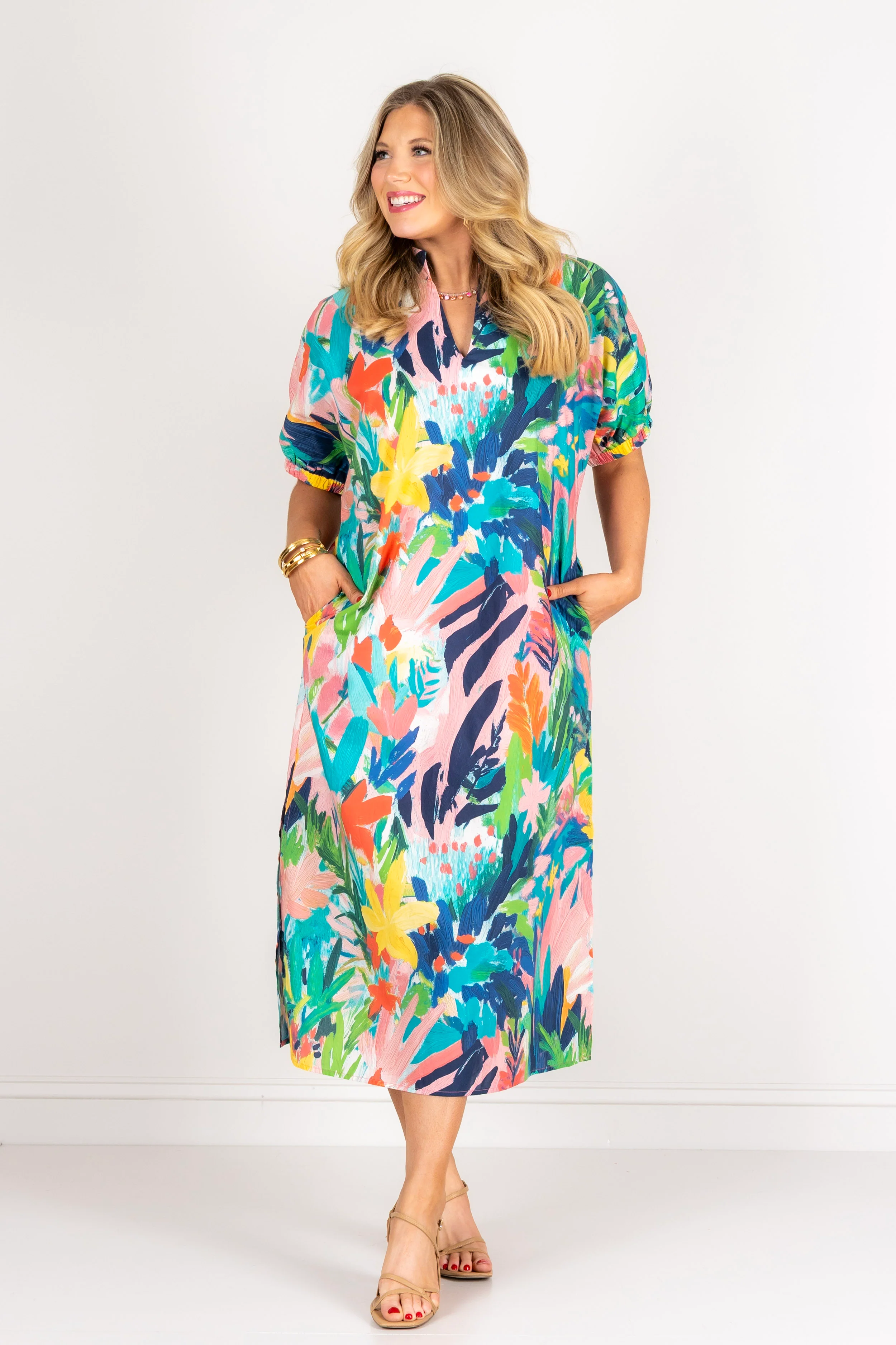 Comes in Waves Multicolor Abstract Print Short Sleeve Midi Dress - Image 2