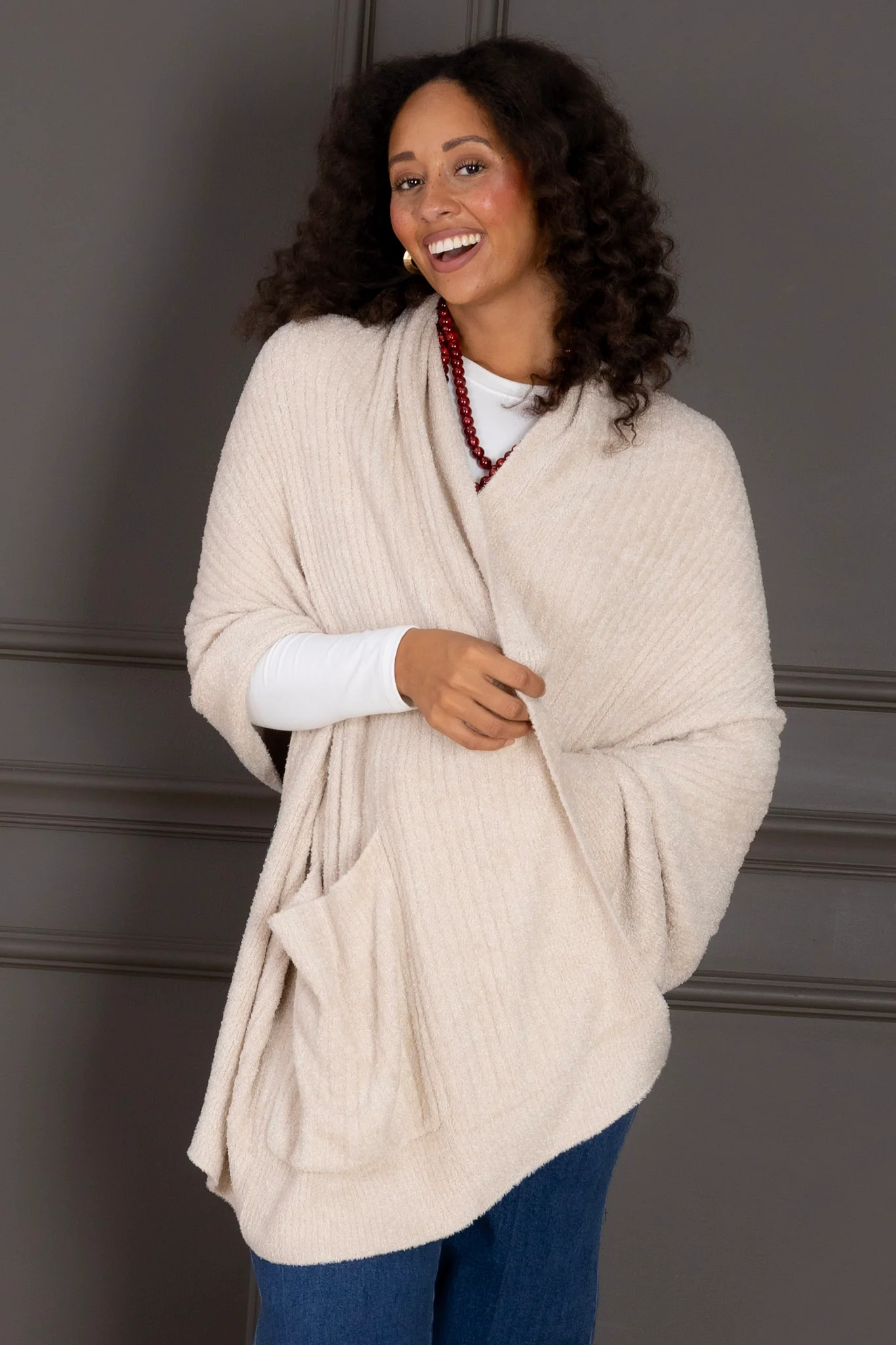 Barefoot Dreams Cozy Chic Lite Heathered Stone Travel Shawl