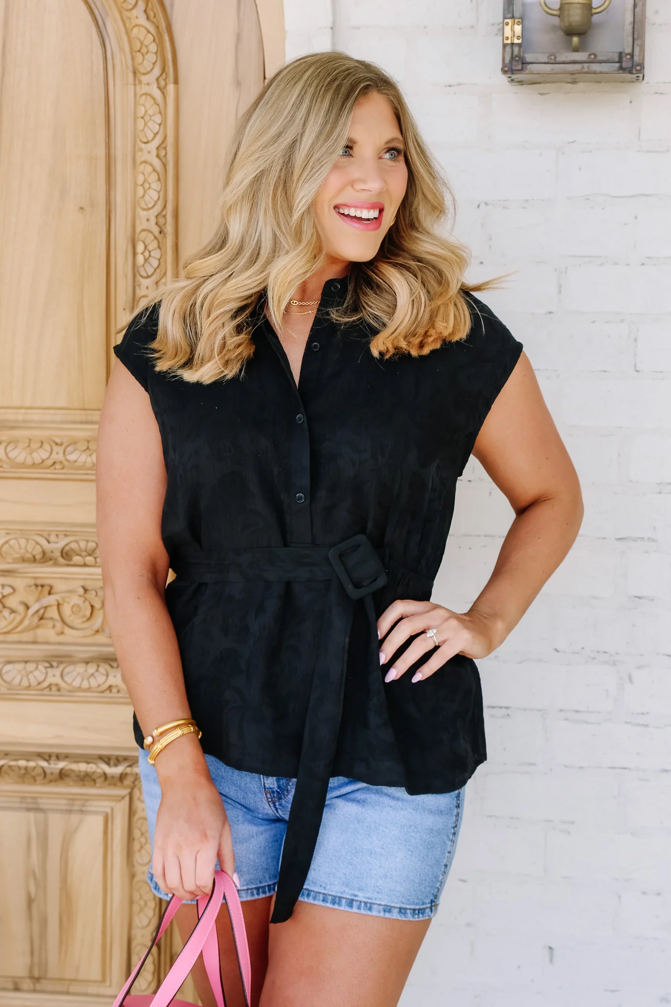 Moment In Time Black Belted Short Sleeve Blouse
