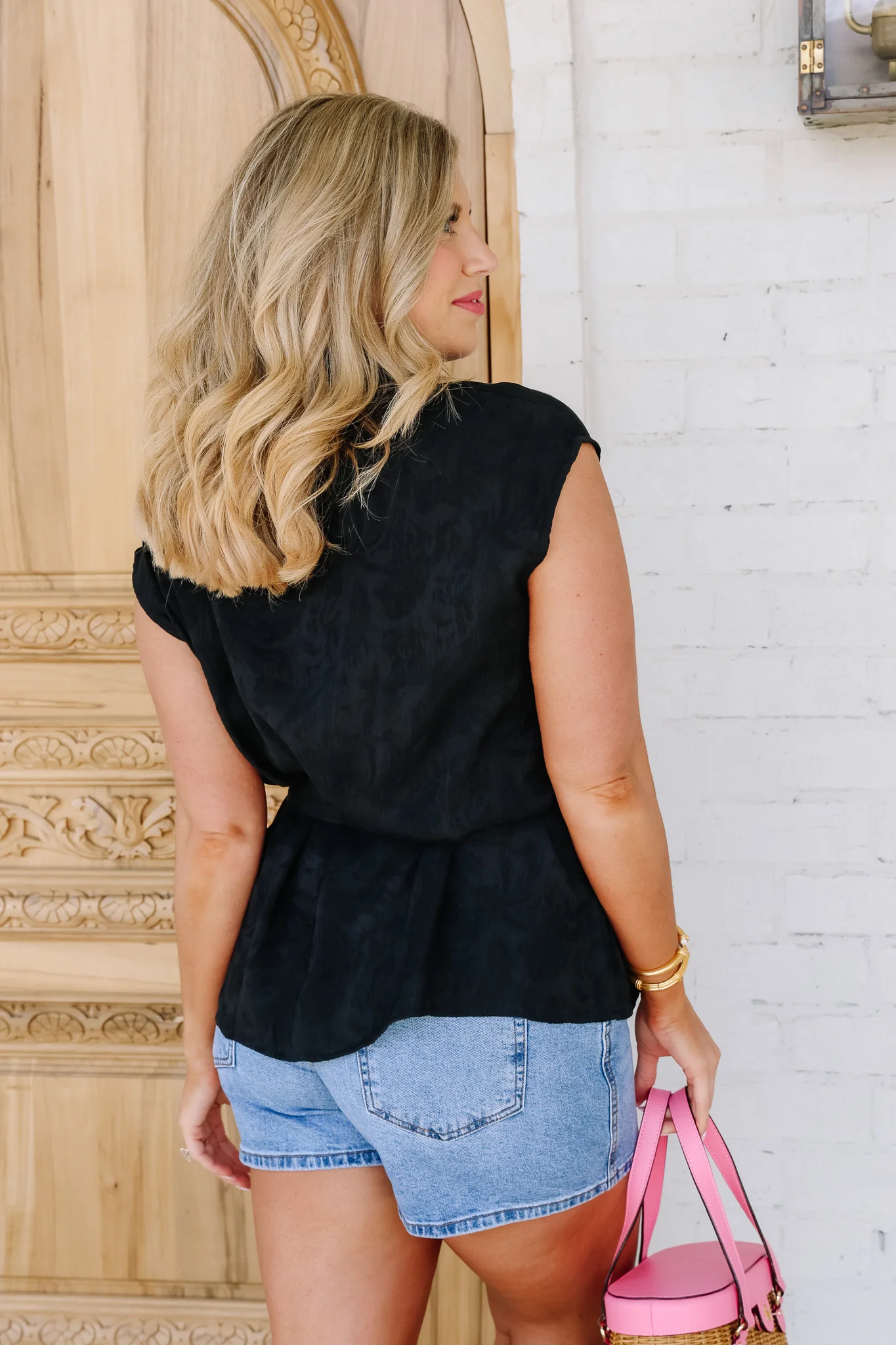 Moment In Time Black Belted Short Sleeve Blouse - Image 2