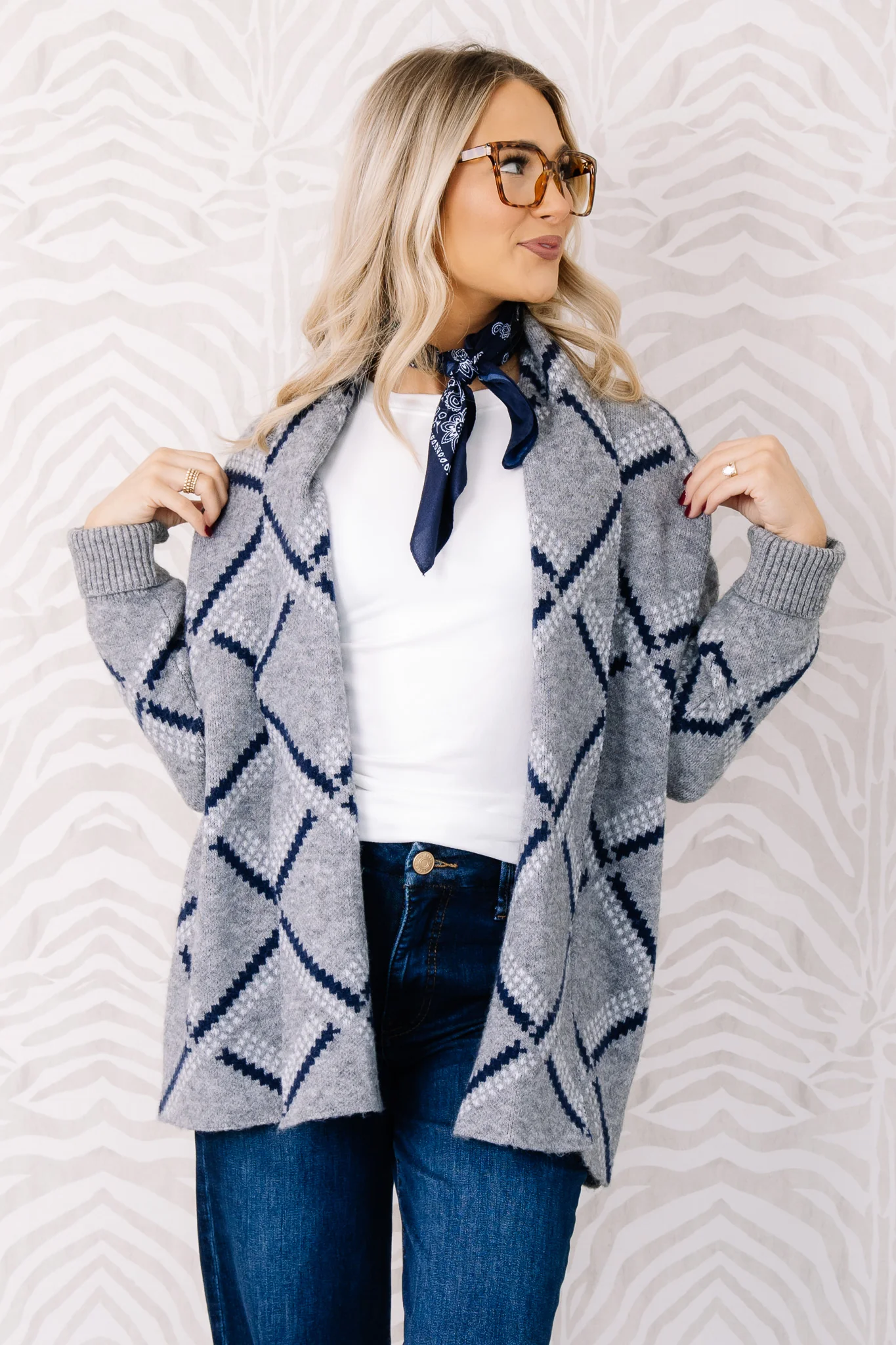 Diamond Plaid Heather Grey Cardigan - Image 3